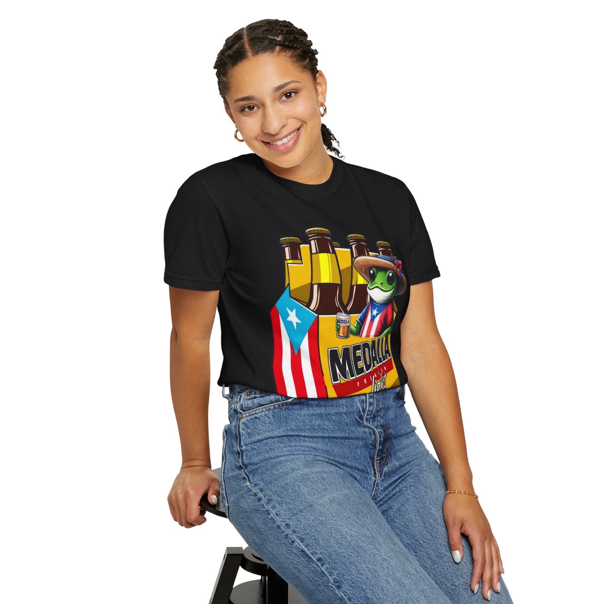 Medalla Light Puerto Rican Beer T-Shirt Coqui Frog Mascot Six-Pack Graphic Tee Puerto Rico’s Navidades