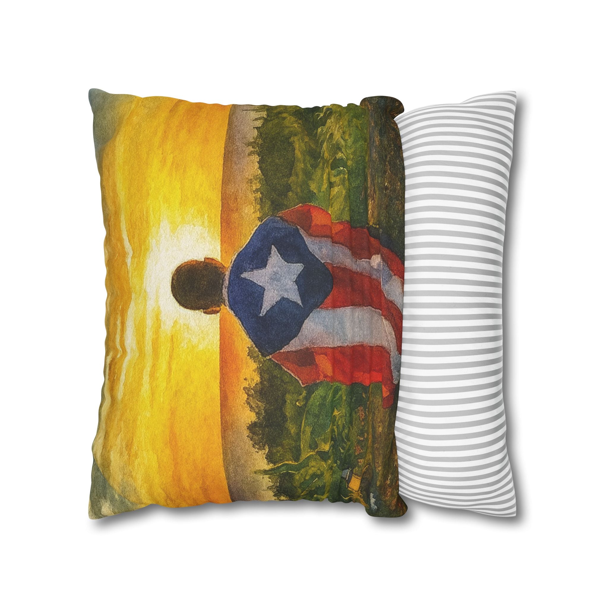 Puerto Rican Flag Sunset Pillowcase  Boy Draped in Puerto Rico Flag Decorative Throw Pillow Puerto Rico Culture Pillow