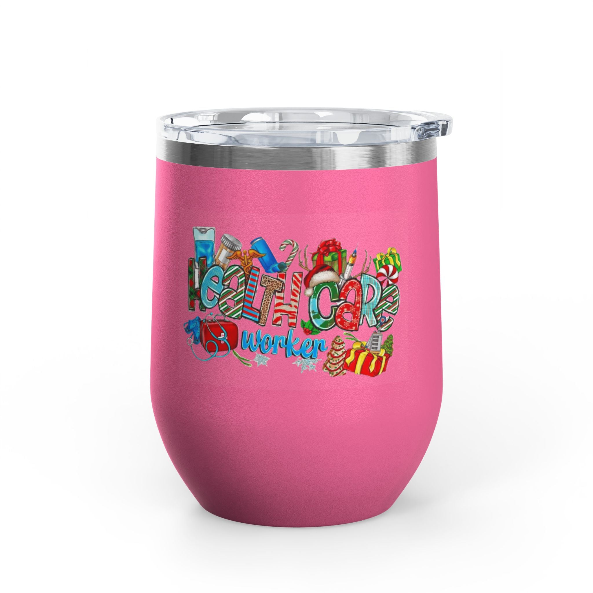 Healthcare Worker 12oz Wine Tumbler — Colorful Holiday Medical Staff Gift Medical Christmas Mug