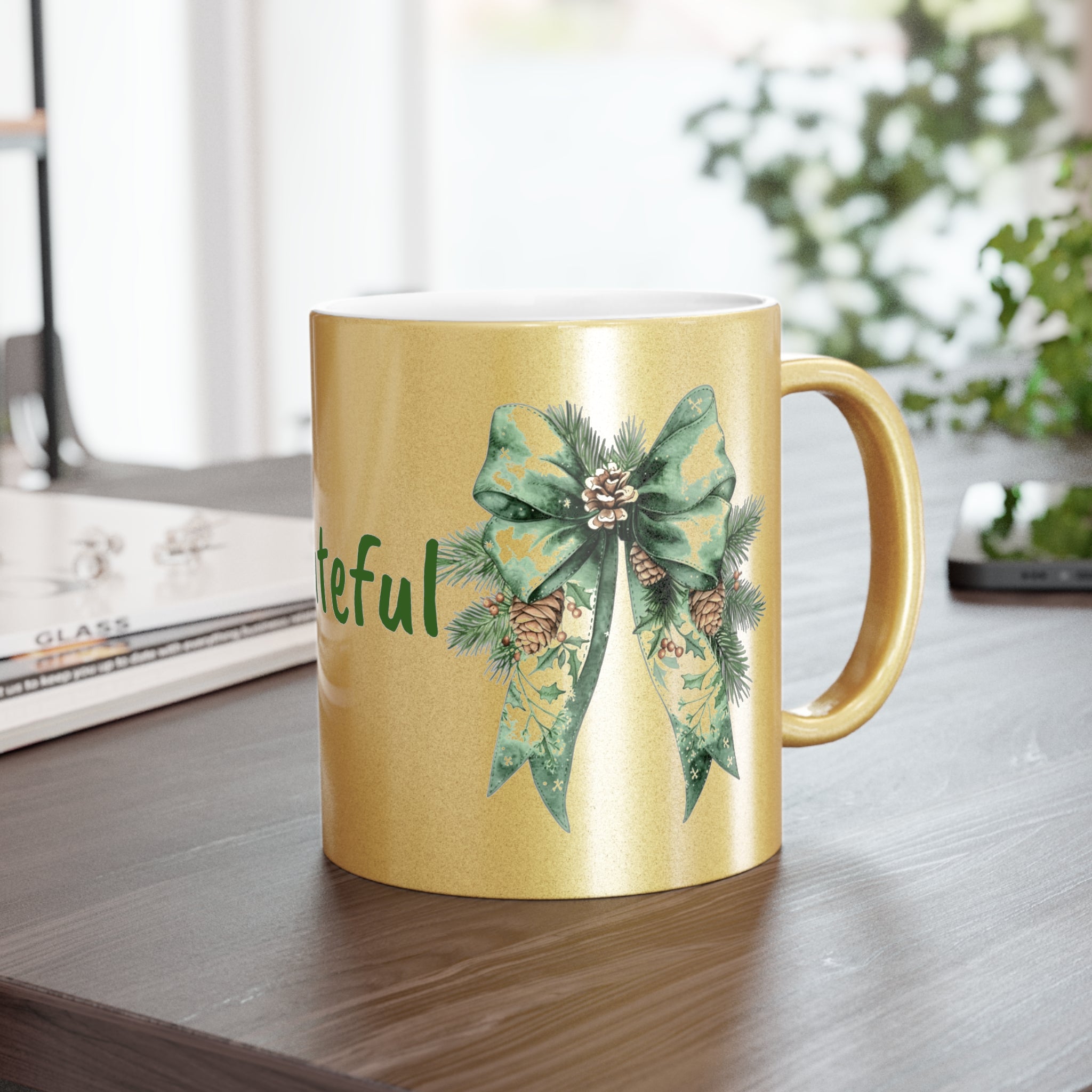 Grateful Holiday Metallic Mug - Silver/Gold with Festive Bow Design