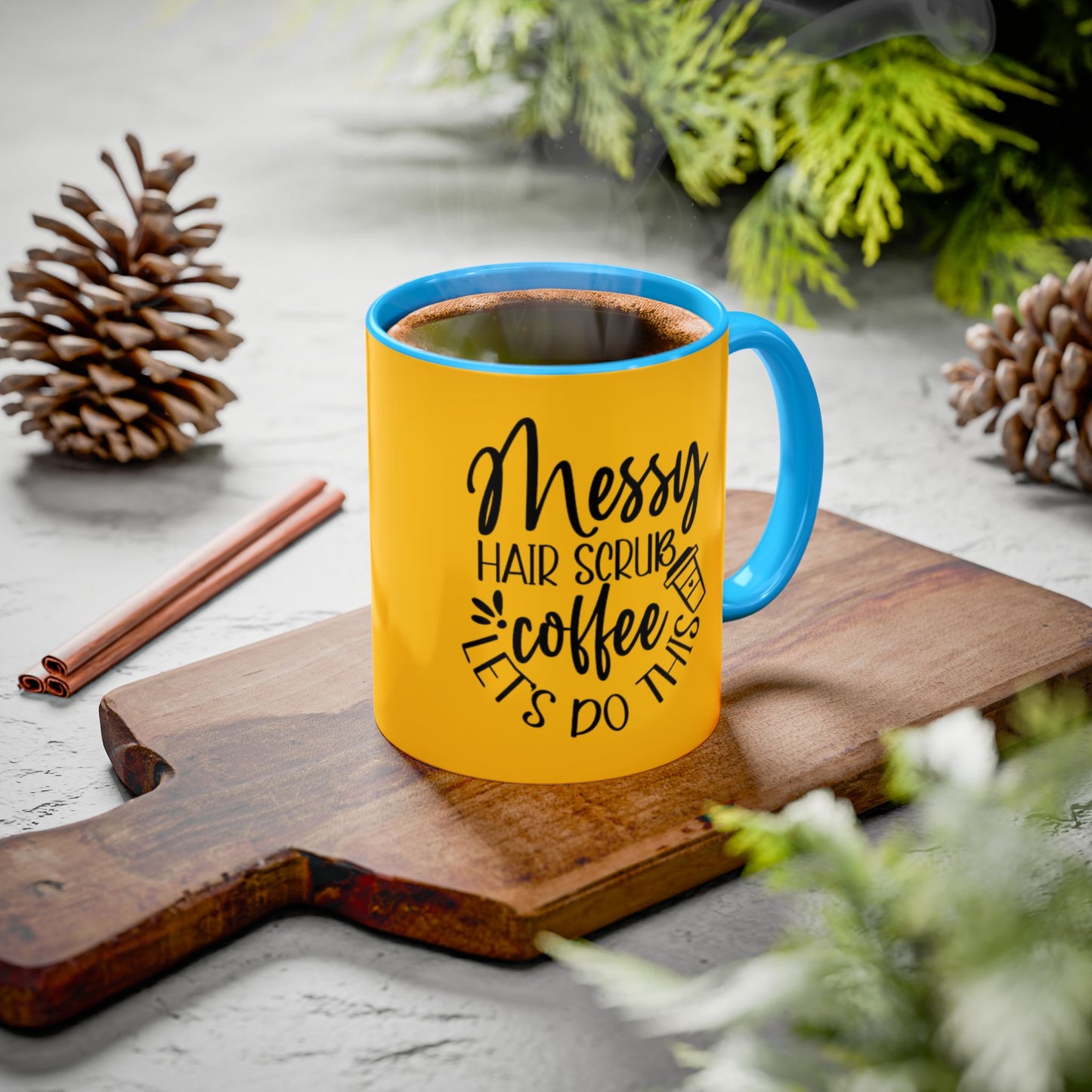 Holiday Coffee Cups with Festive Quotes & Designs Messy Hair Coffee Mug - Fun Yellow Ceramic Cup for Coffee Lovers