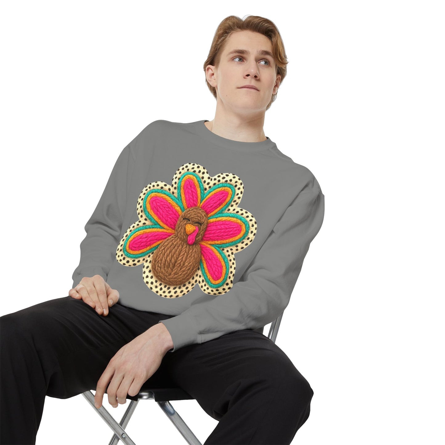 Festive Holiday Designs Turkey Patch Sweatshirt — Colorful Embroidered Thanksgiving Pullover