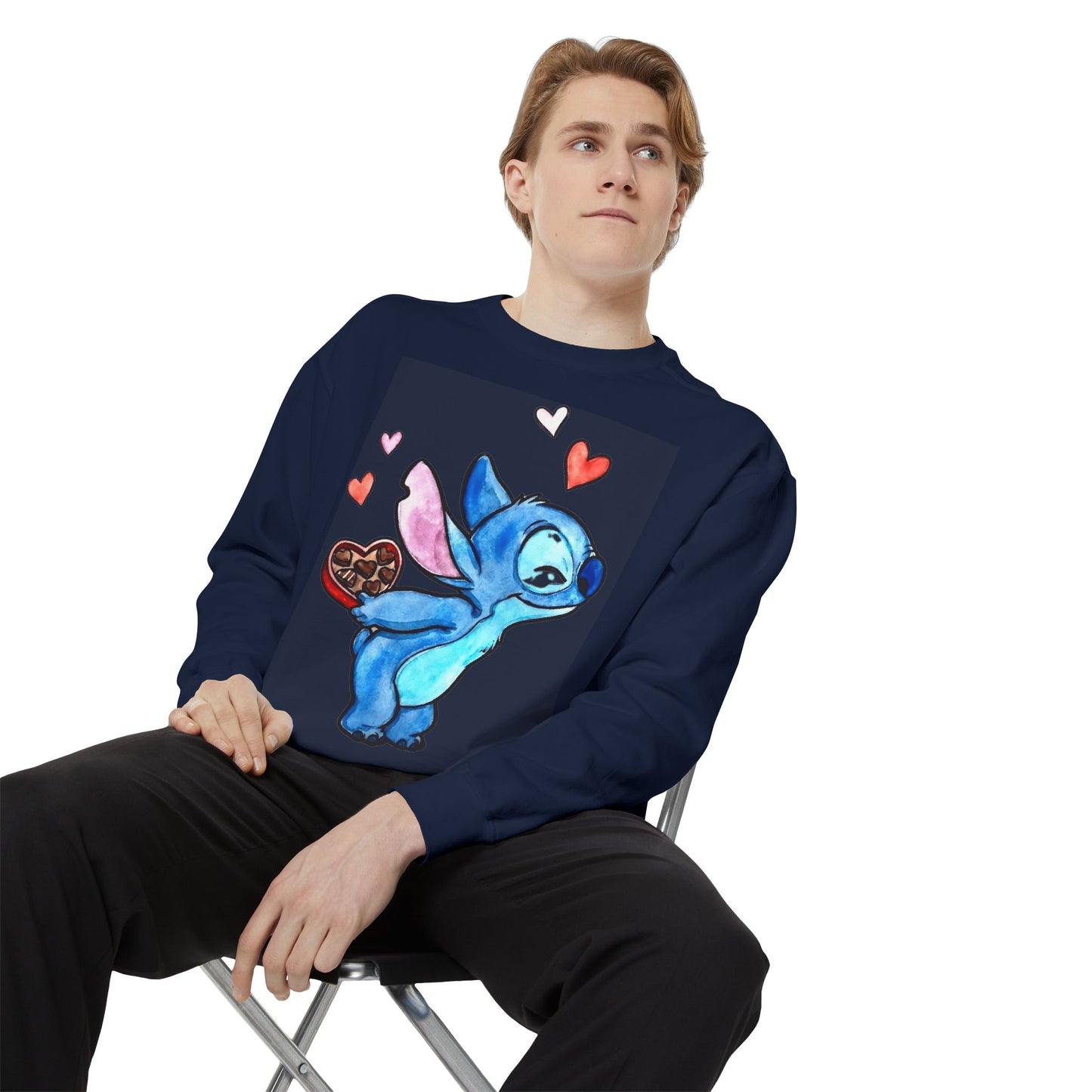 Stitch Valentine Sweatshirt — Cute Blue Alien with Hearts & Chocolate Pocket