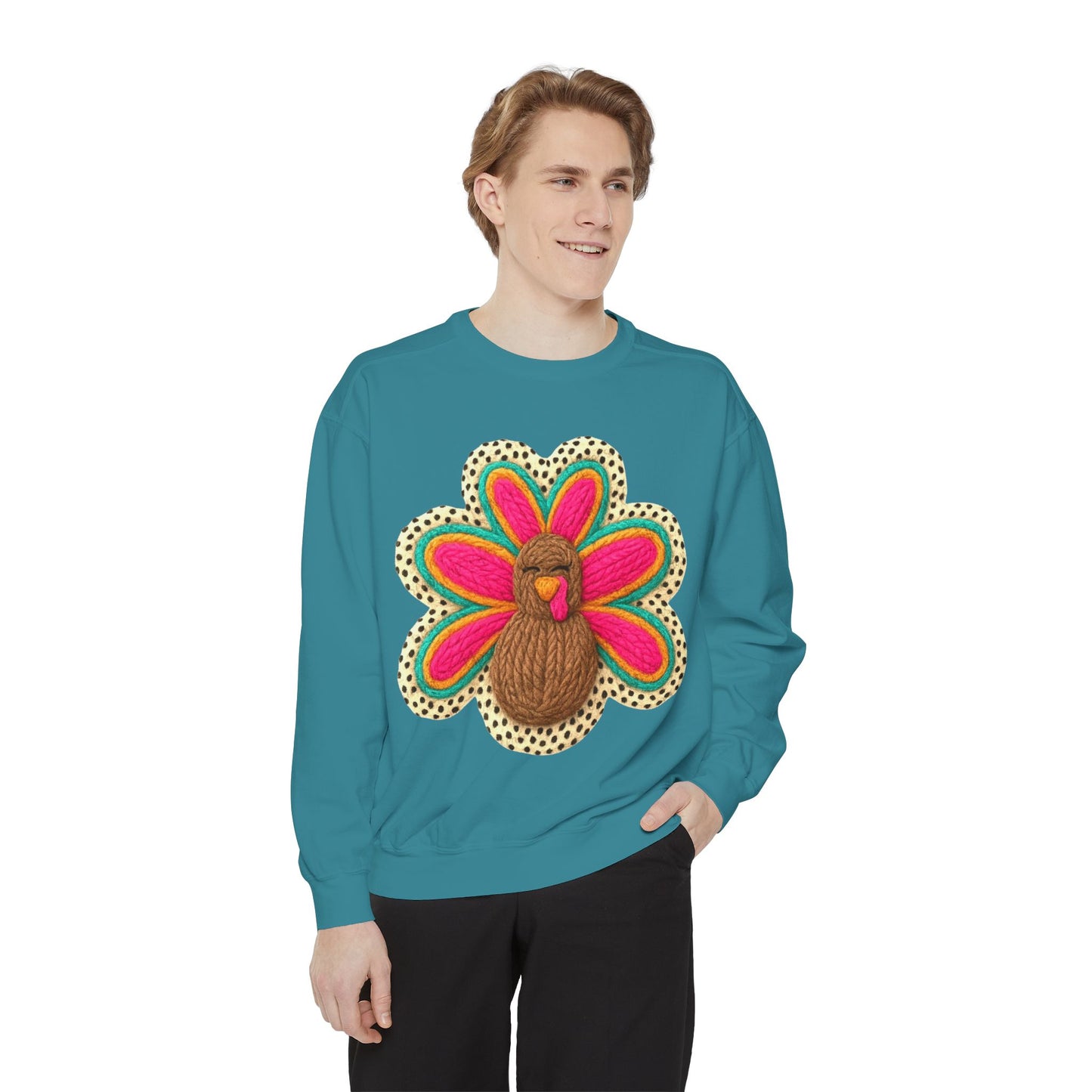 Festive Holiday Designs Turkey Patch Sweatshirt — Colorful Embroidered Thanksgiving Pullover
