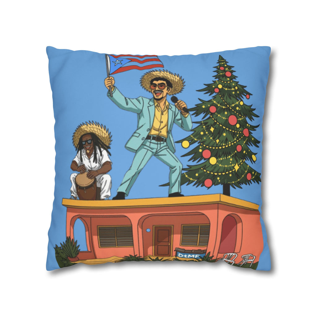 Holiday Vibes Pillow — Festive Duo Singing on Rooftop Christmas Throw Pillow Puerto Rico Culture Pillow