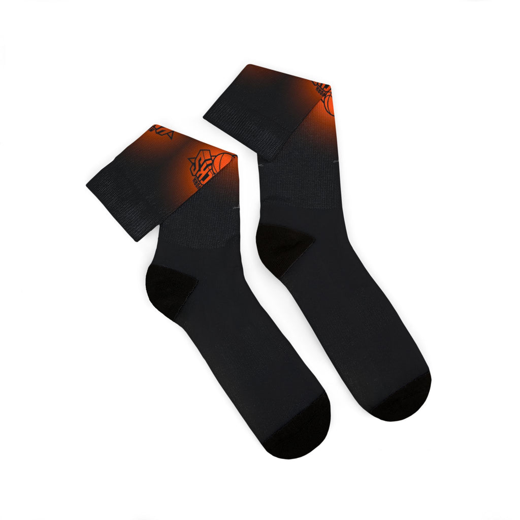 Basketball-Inspired Pattern Crew Socks — Retro Sports Sublimation Socks — Orange Gradient Crew Socks for Fans