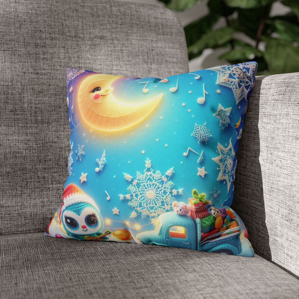 Whimsical Moon & Penguin Holiday Pillowcase  Faux Suede Square Throw Pillow