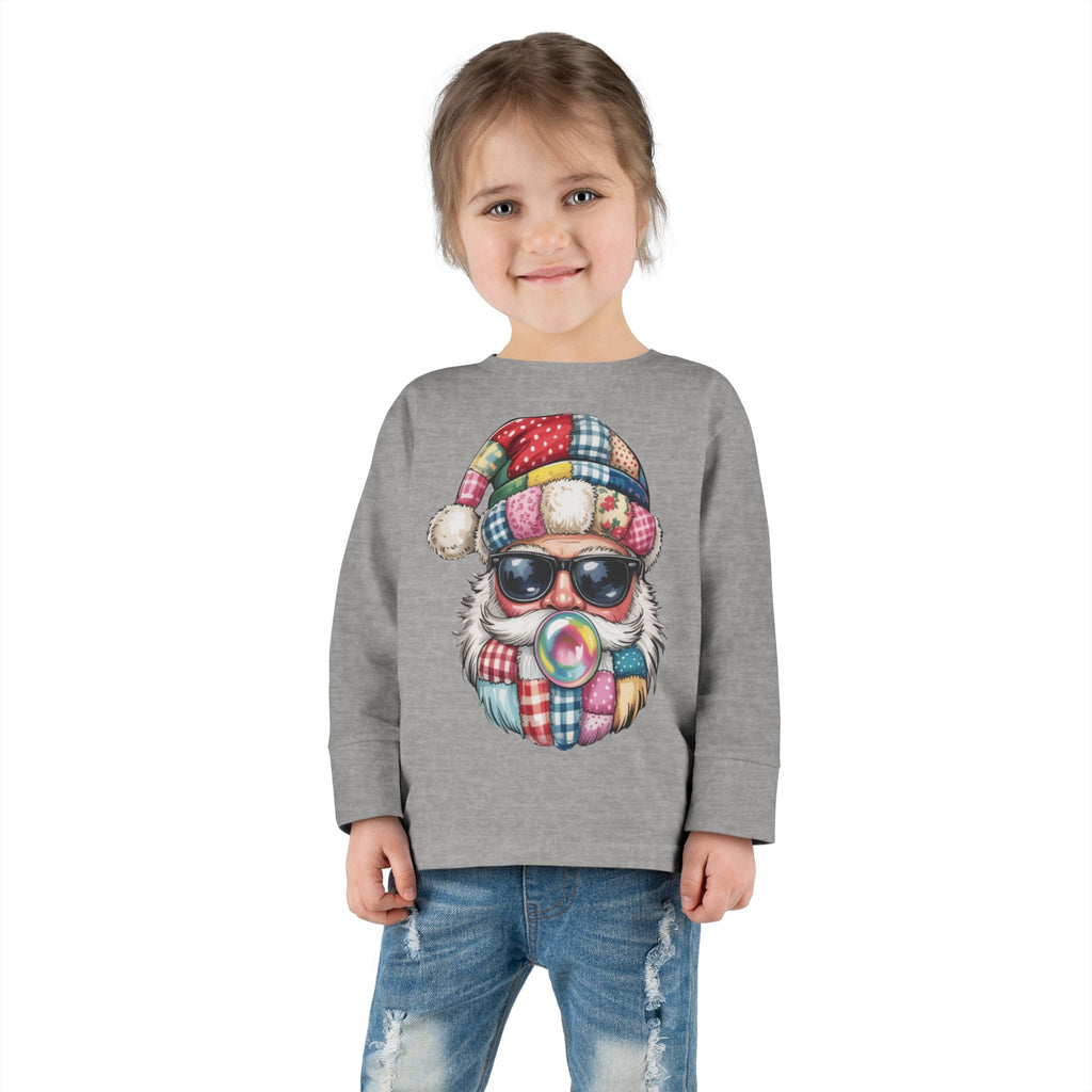 Toddler Long Sleeve Tee  Cool Santa with Patchwork Hat & Bubblegum Graphic