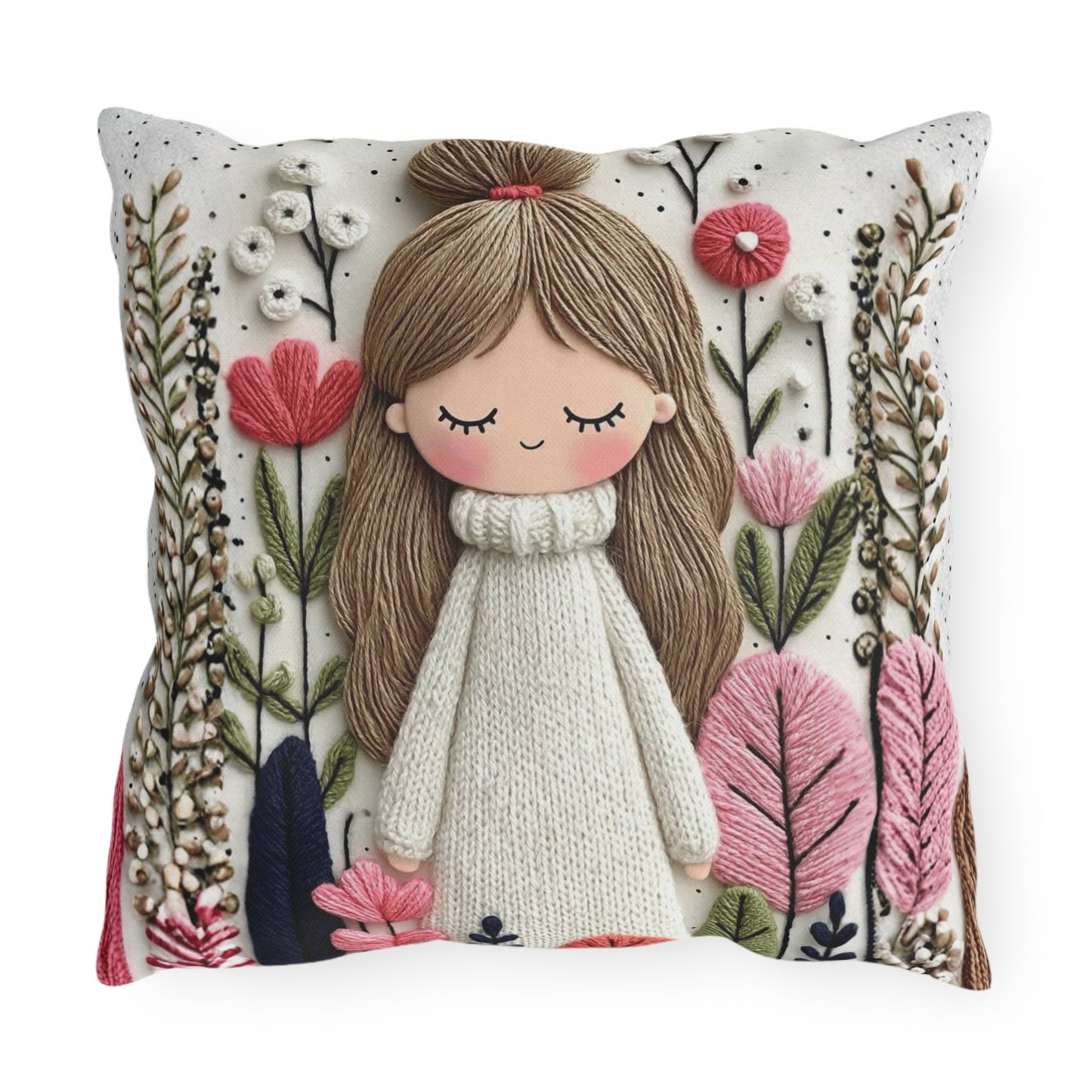 Cute Girl Floral Outdoor Pillow — Whimsical Garden Accent Cushion
