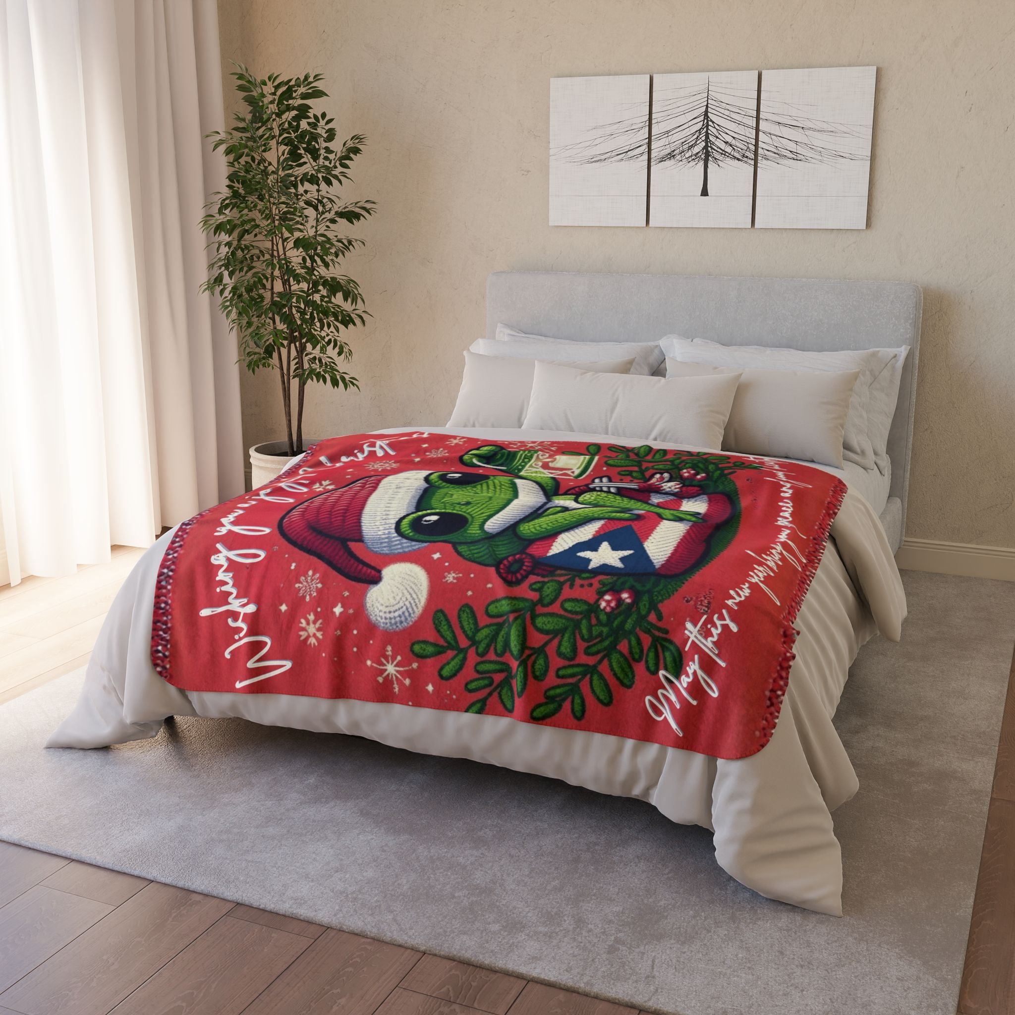 Puerto Rico Design Blanket Christmas Frog Sherpa Blanket – Holiday Cozy Throw with 'Wishing You a Joyful Christmas' Design