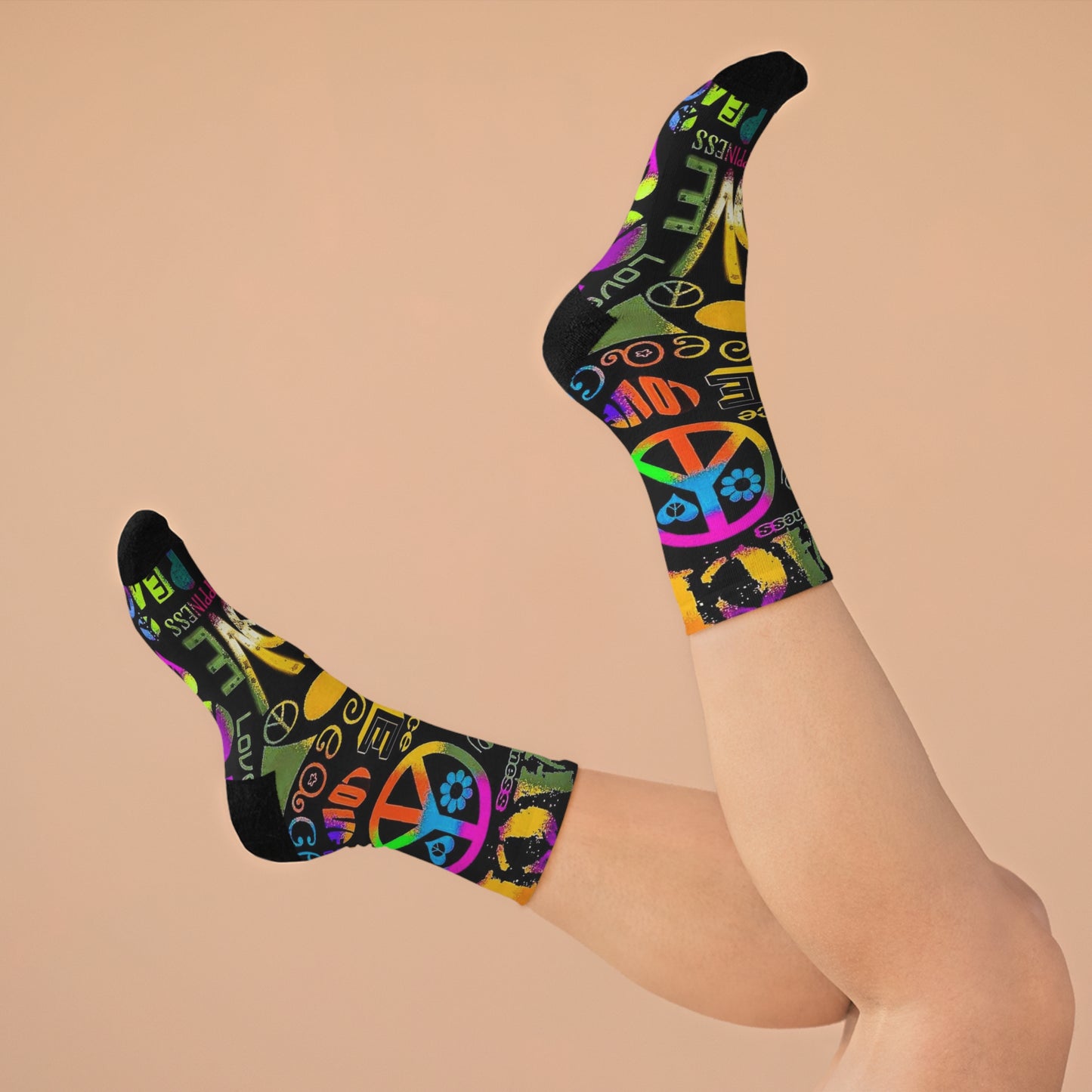 Retro Peace & Love Crew Socks – Colorful Hippie Symbols