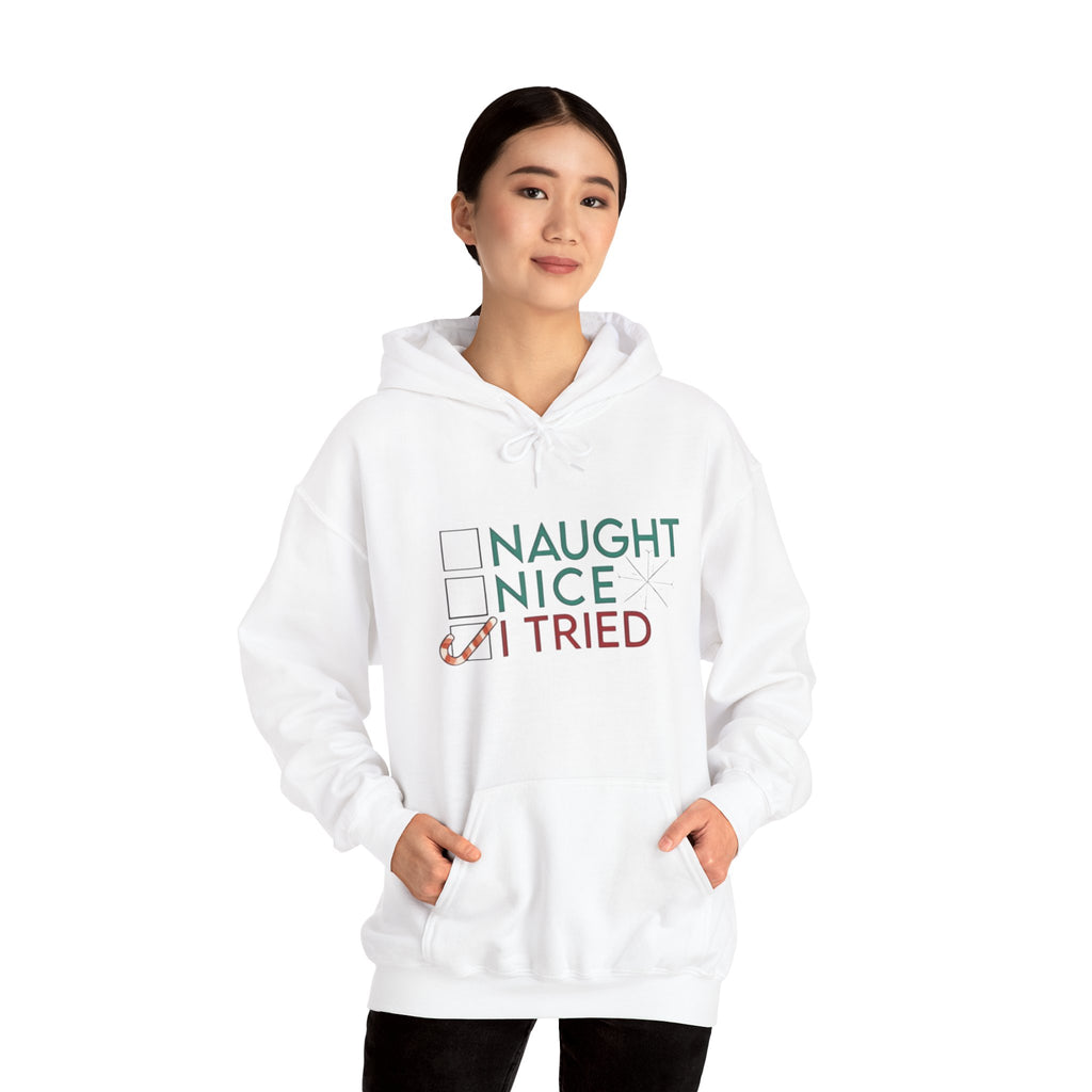 Holiday Hoodie — "Naughty, Nice, I Tried" Funny Christmas Sweatshirt