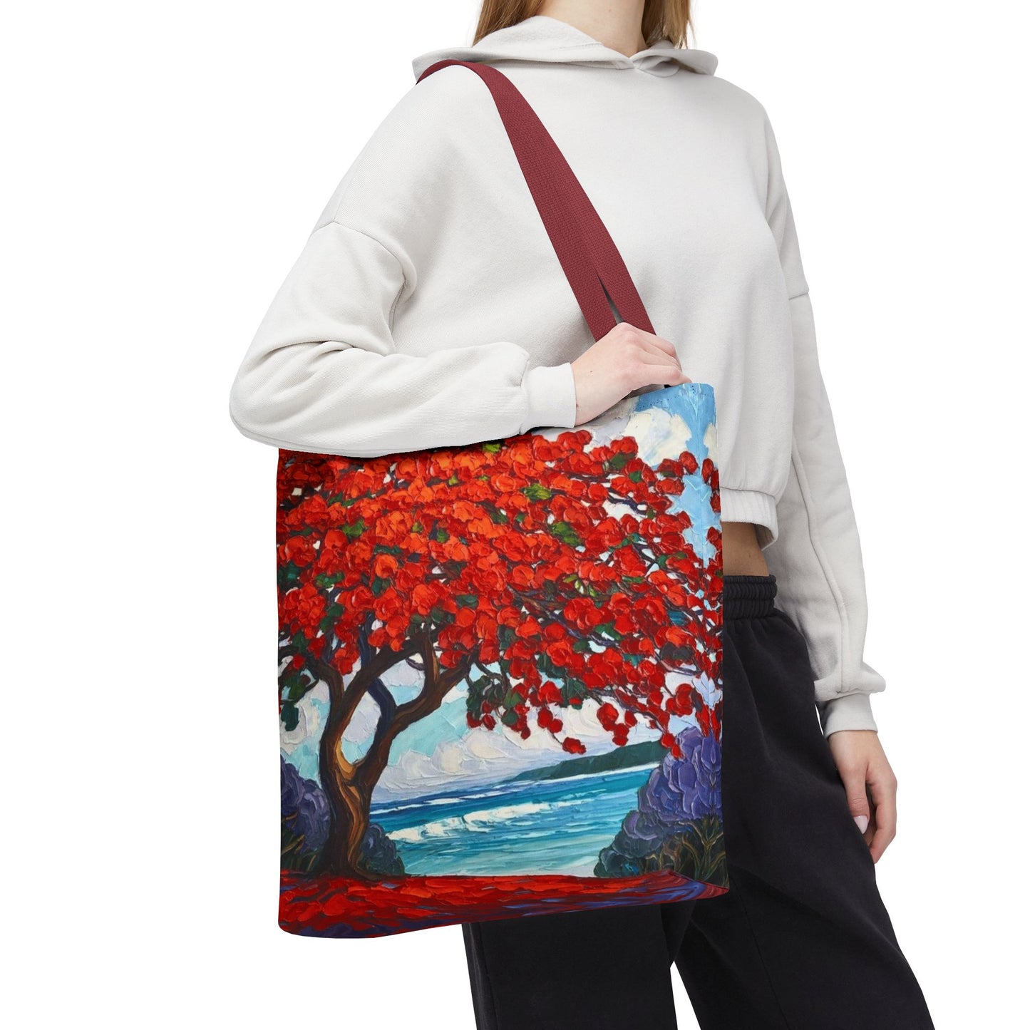 Red Blossom Beach Tote - Tropical Tree Art All-Over Print Tote Bag Crochet-Decorated Tote Bags