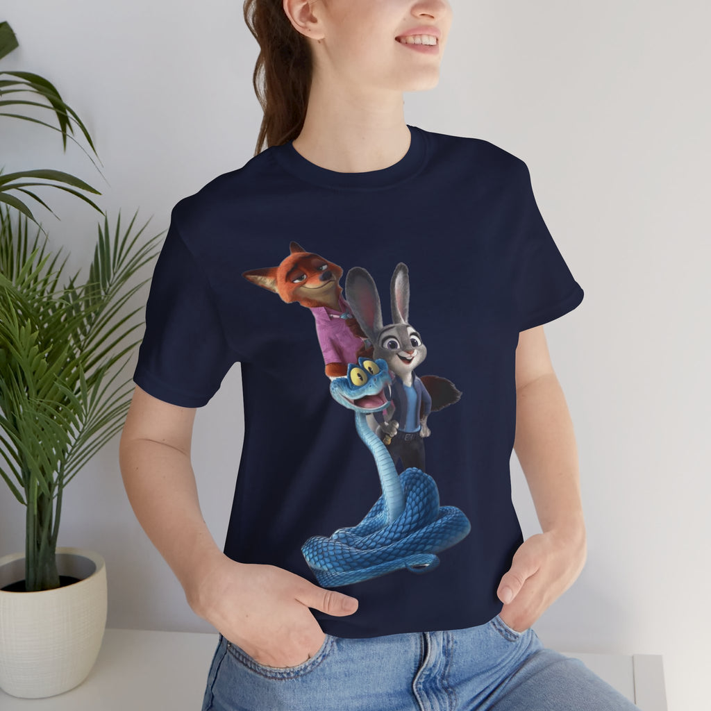 Animated Character Tee — Cute Fox & Bunny Stack Graphic T-Shirt  cartoon-style Christmas artwork