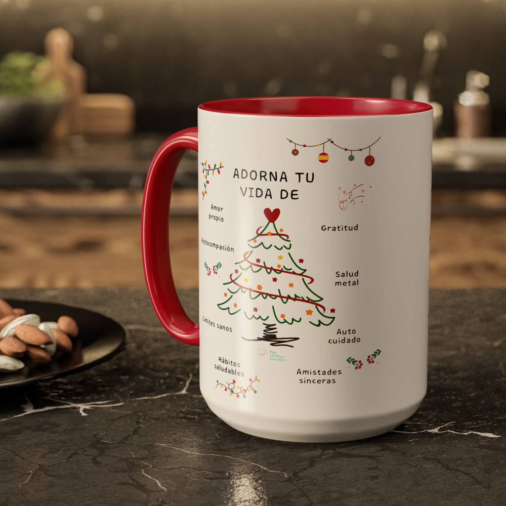 Mug — 'Adorna Tu Vida' Christmas Tree Spanish Holiday Coffee Mug (11oz/15oz)