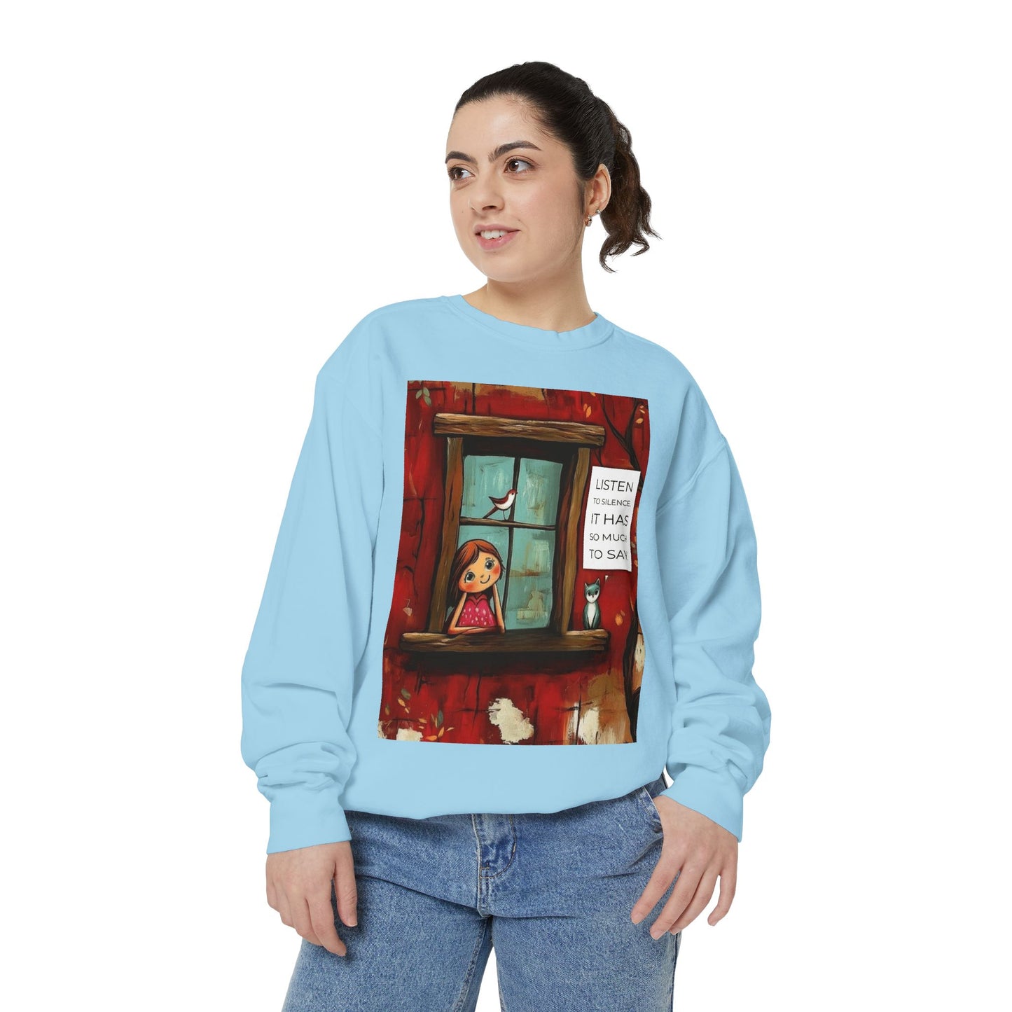 Cozy Window Scene Sweatshirt  "Listen, It Has So Much to Say" Graphic