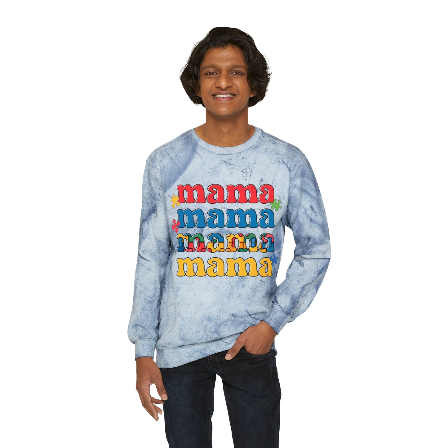 Autism Awareness & Pride Collection Mama Color Blast Crewneck Sweatshirt - Unisex Tie-Dye Style