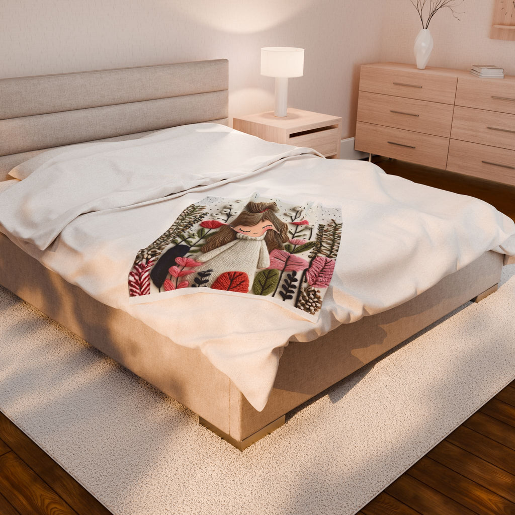 Plush Blanket — Cozy Girl in Floral Meadow Velveteen Throw