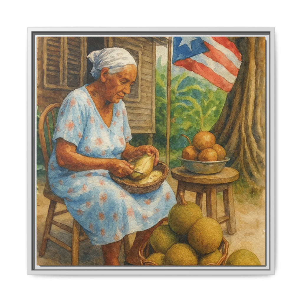 Cultural & Story-Driven These Puerto Rico inspired  Framed Matte Canvas Print  Woman Shelling Fruit Vintage Tropical Painting