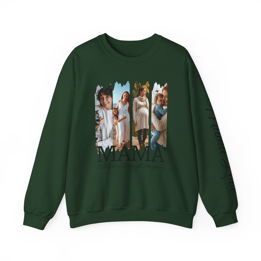 Mama Photo Collage Sweatshirt — "MAMA: clothed in strength & dignity" Sleeve Script
