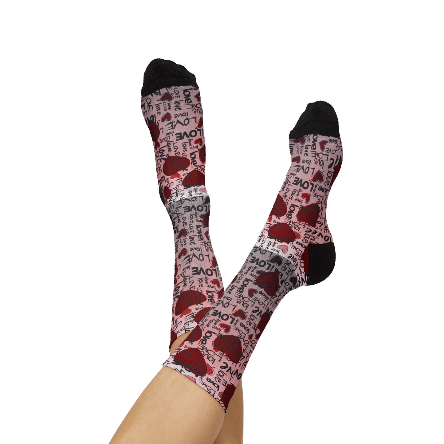 Valentine Heart Sublimation Socks – I Love You Pattern, Red Rose & Script Crew Socks