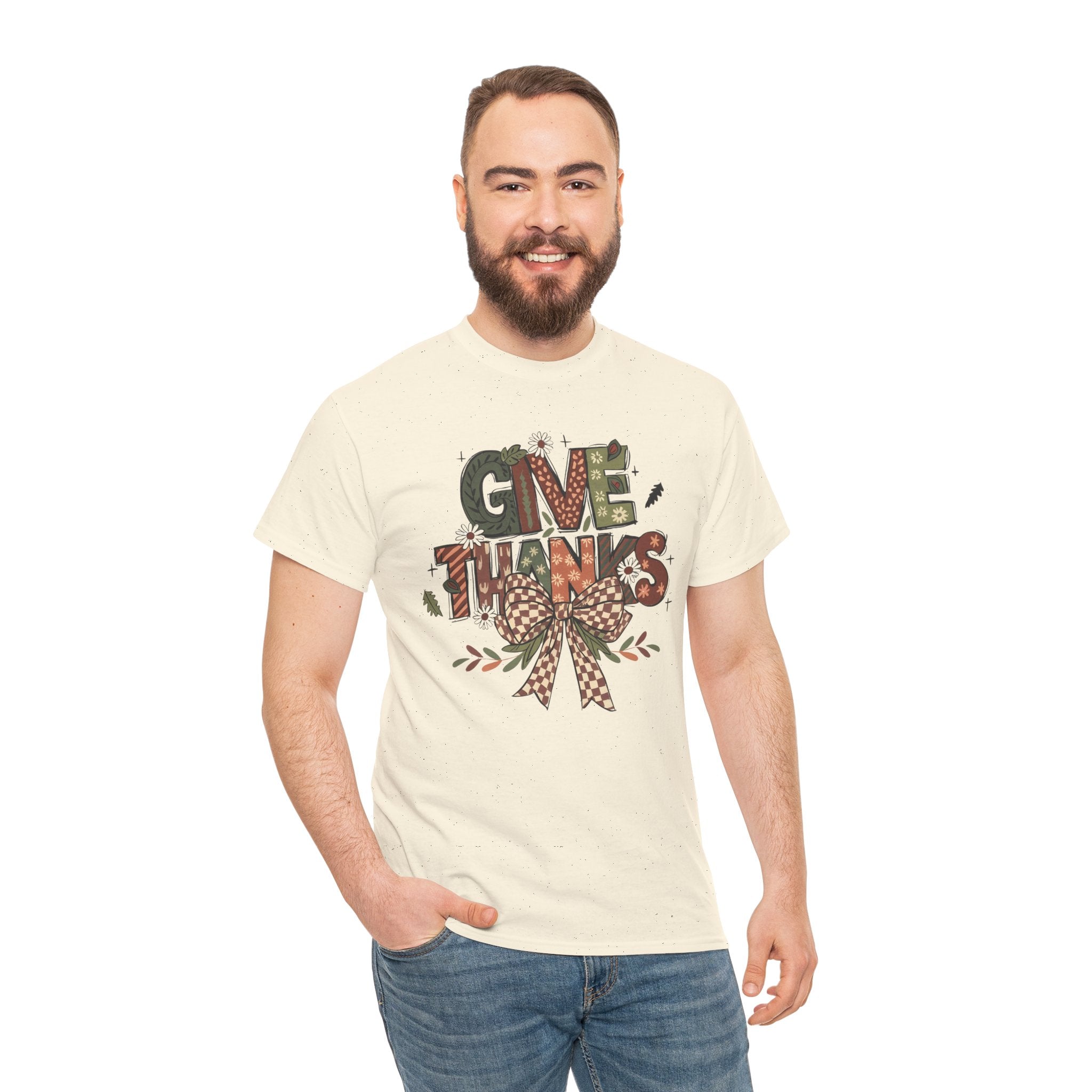 Give Thanks Tee Thanksgiving Graphic T-Shirt with Rustic Bow Design