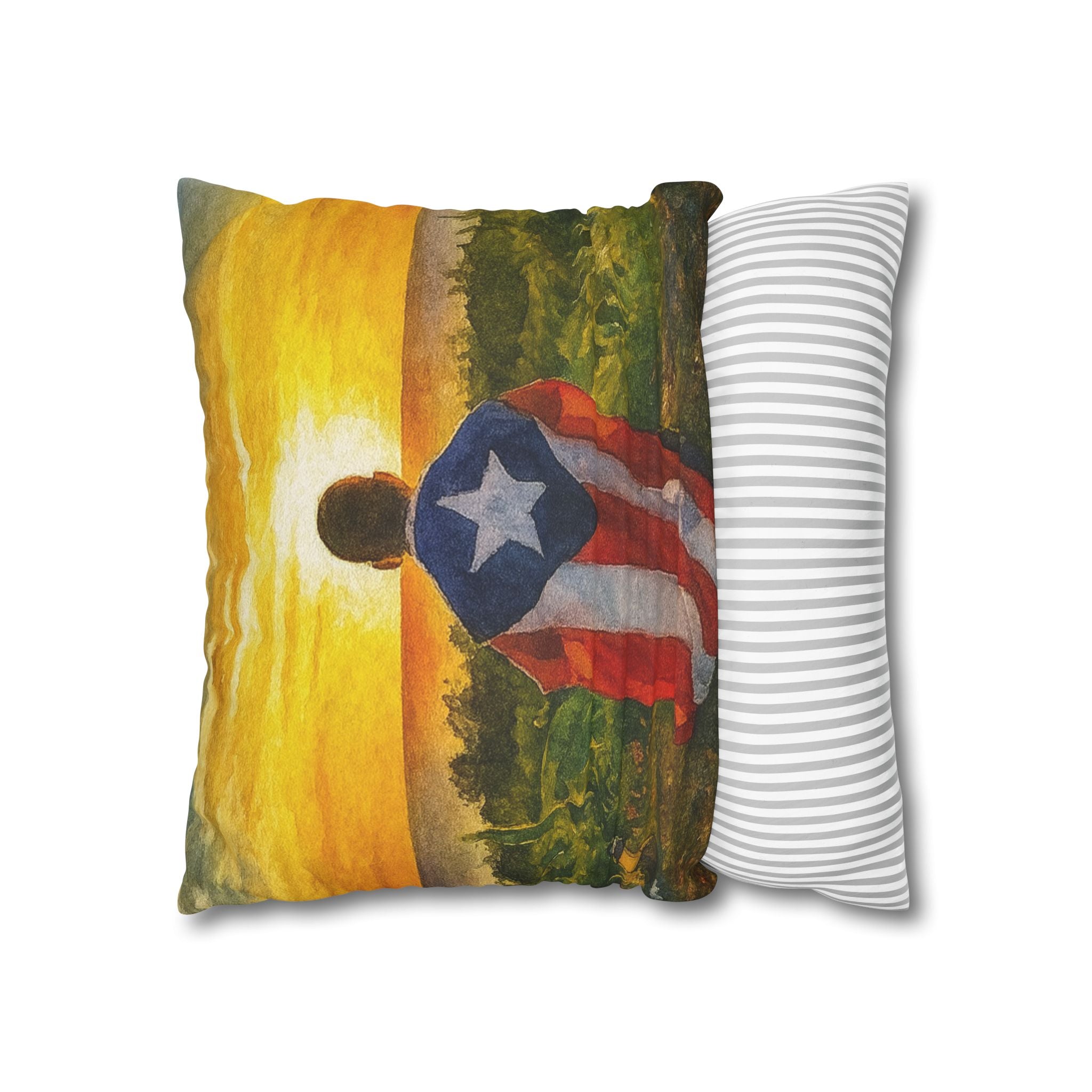 Puerto Rican Flag Sunset Pillowcase  Boy Draped in Puerto Rico Flag Decorative Throw Pillow Puerto Rico Culture Pillow