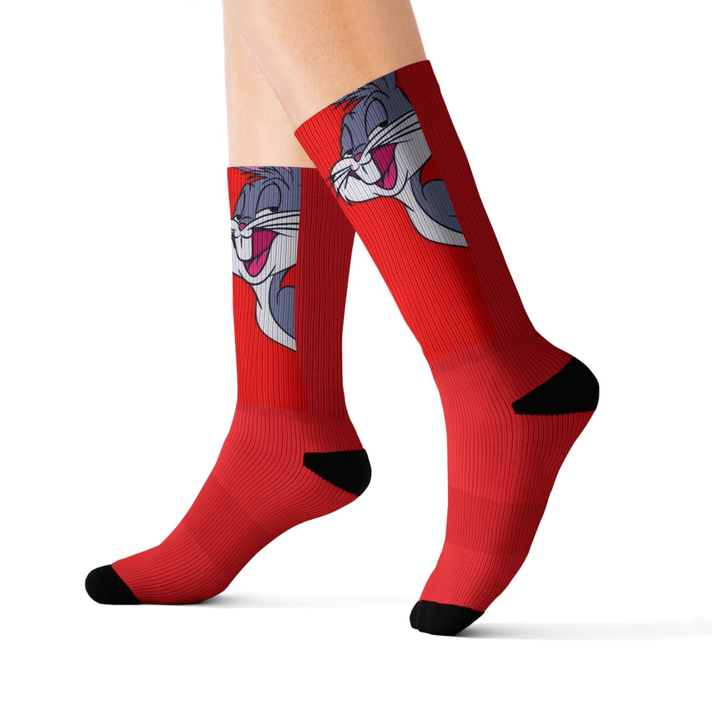 Bunny Face Red Sublimation Socks  Fun Cartoon Rabbit Crew Socks