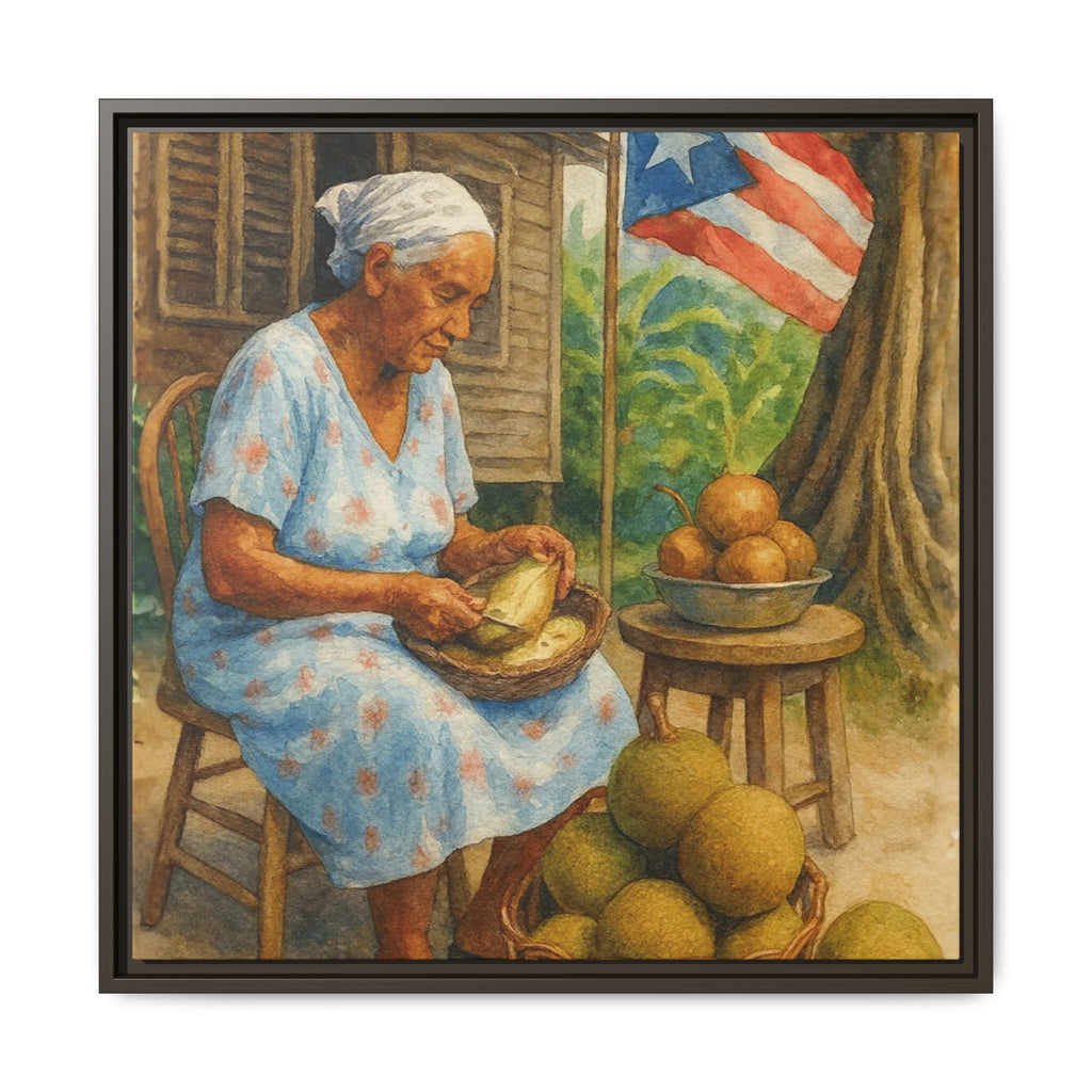 Cultural & Story-Driven These Puerto Rico inspired  Framed Matte Canvas Print  Woman Shelling Fruit Vintage Tropical Painting