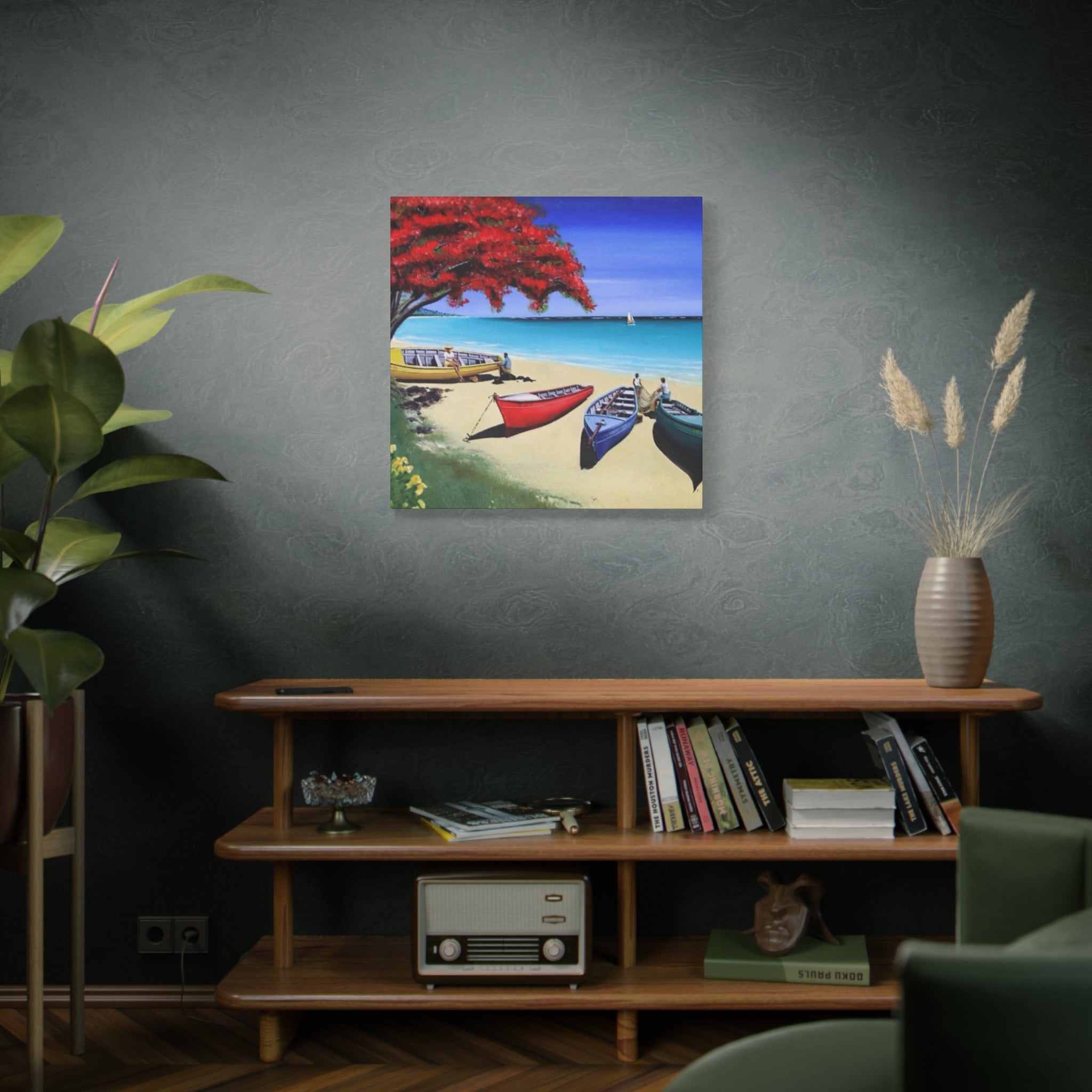 Beach Canoes Canvas Wall Art Tropical Seaside Landscape Matte Stretched Canvas
