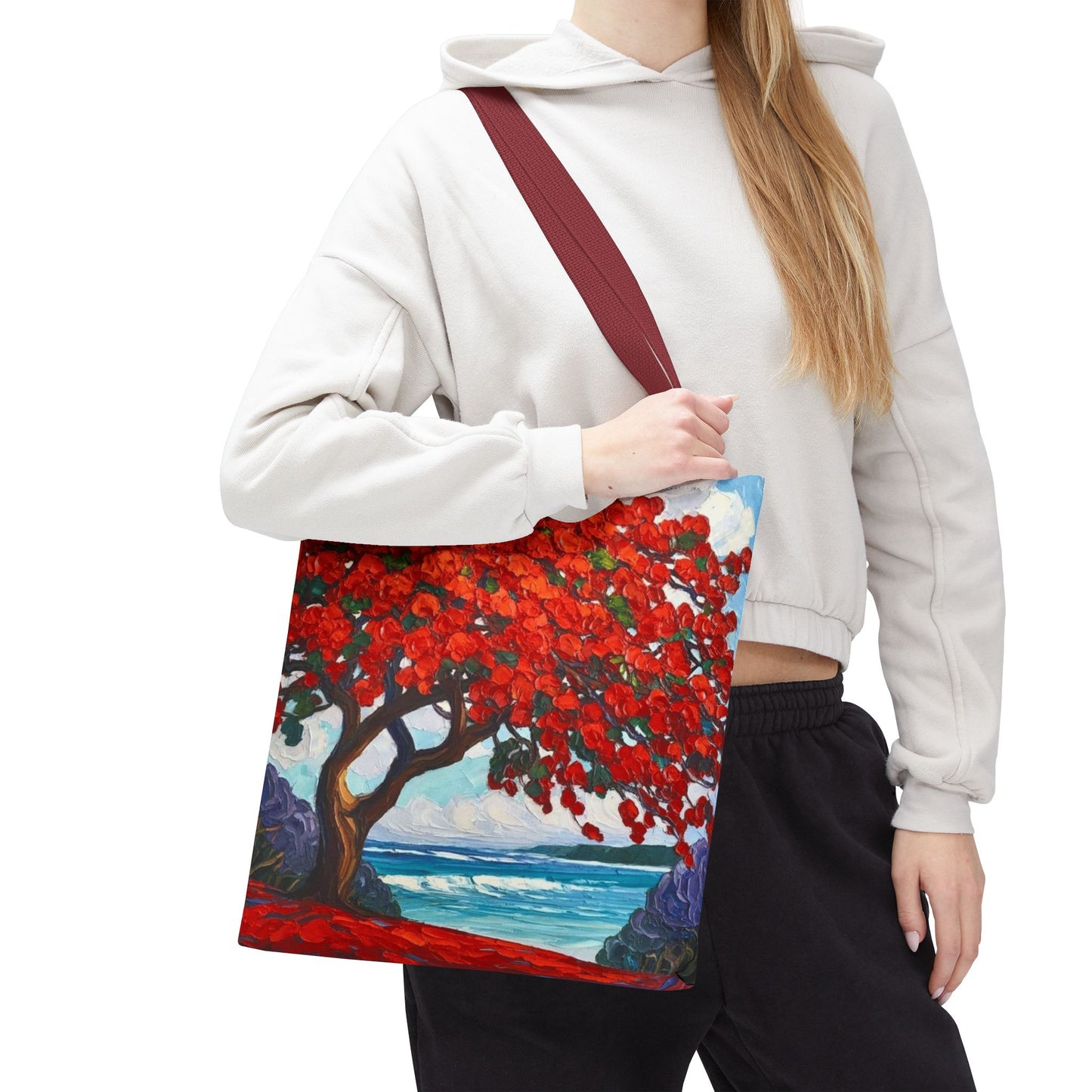 Red Blossom Beach Tote - Tropical Tree Art All-Over Print Tote Bag Crochet-Decorated Tote Bags