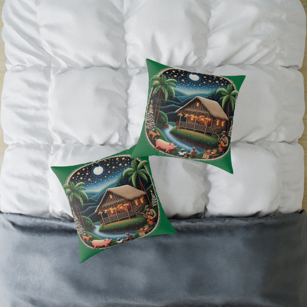 Island Night Cottage Pillow  Tropical Moonlit Cabin Throw Pillow Puerto Rico Culture Pillow
