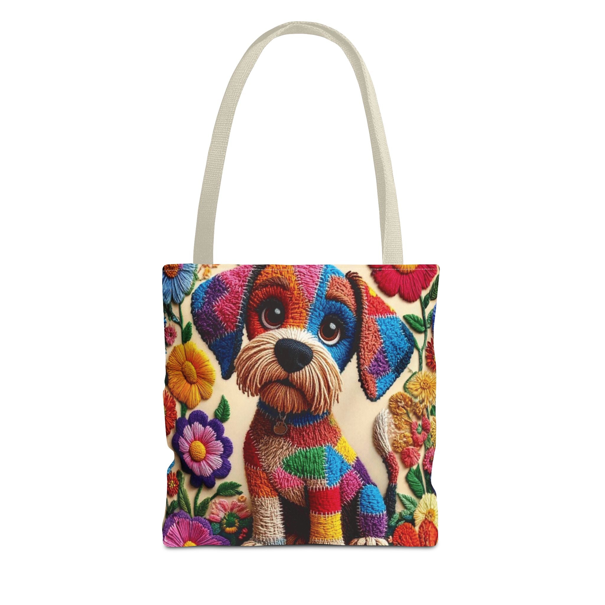 Colorful Patchwork Puppy Tote Bag — Cute Dog Floral AOP Shopper Crochet-Decorated Tote Bags