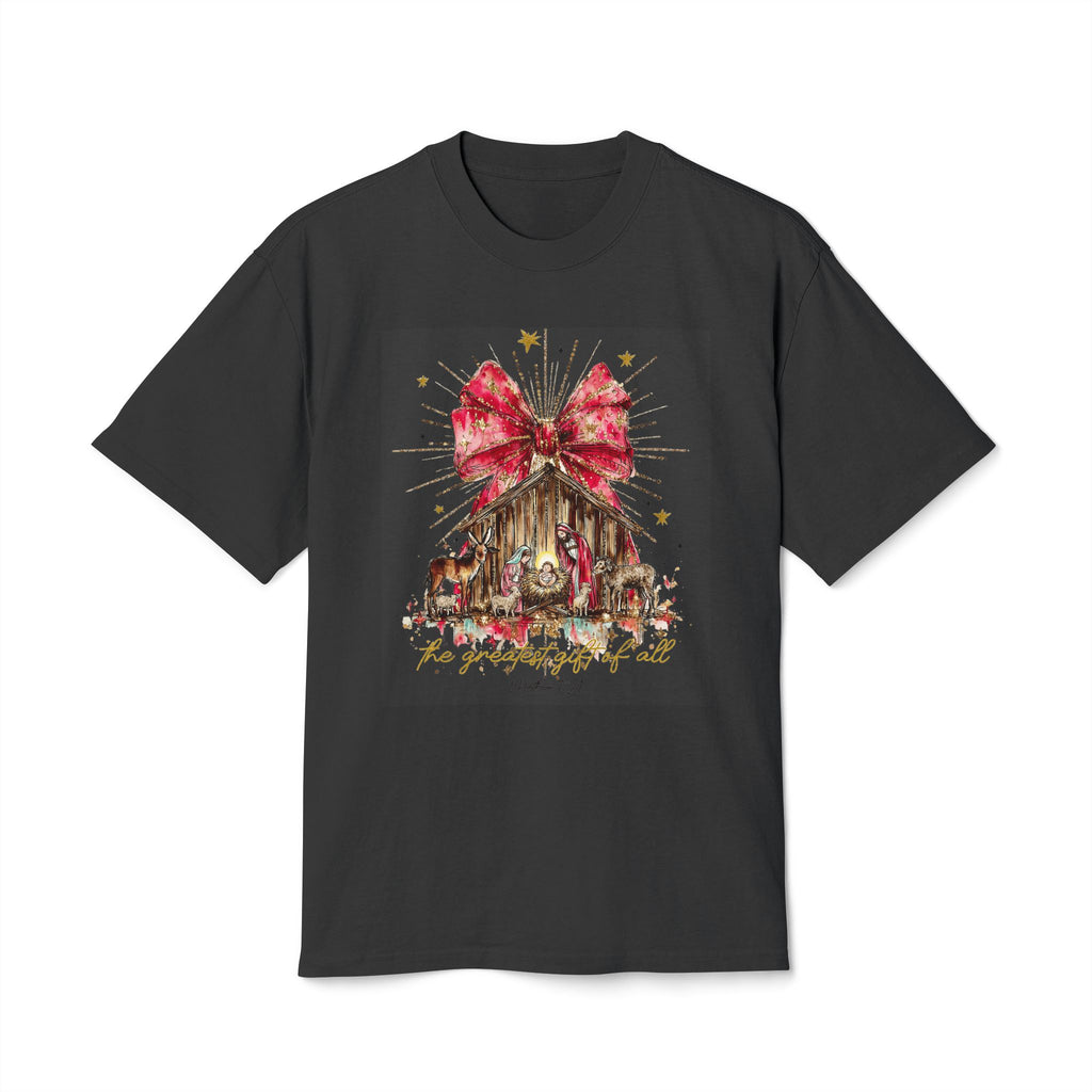 Christmas Nativity Tee  Rustic Manger with Red Bow Holiday T‑Shirt Christmas T-shirts and sweaters