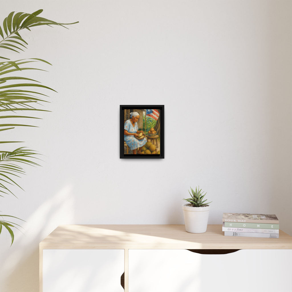 Cultural & Story-Driven These Puerto Rico inspired  Framed Matte Canvas Print  Woman Shelling Fruit Vintage Tropical Painting
