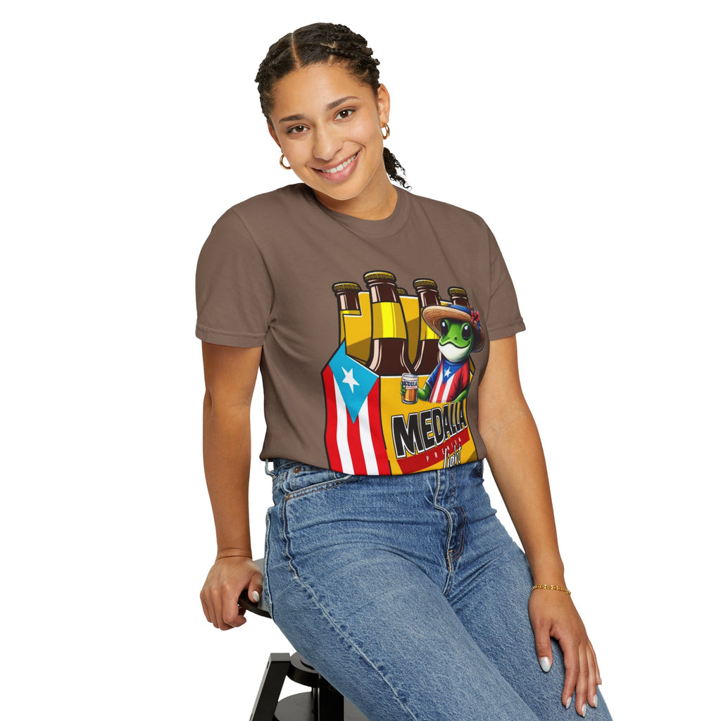 Medalla Light Puerto Rican Beer T-Shirt Coqui Frog Mascot Six-Pack Graphic Tee Puerto Rico’s Navidades