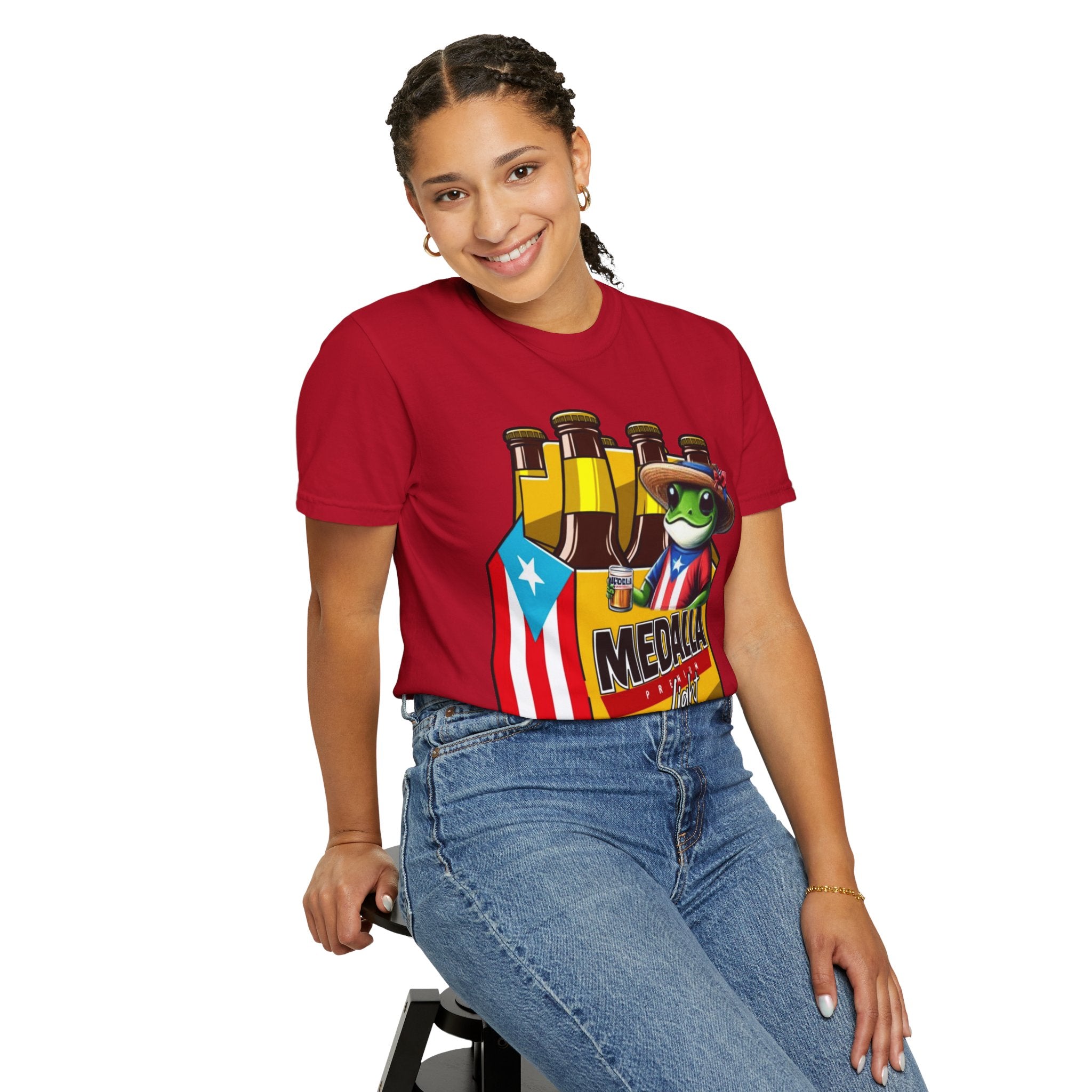 Medalla Light Puerto Rican Beer T-Shirt Coqui Frog Mascot Six-Pack Graphic Tee Puerto Rico’s Navidades