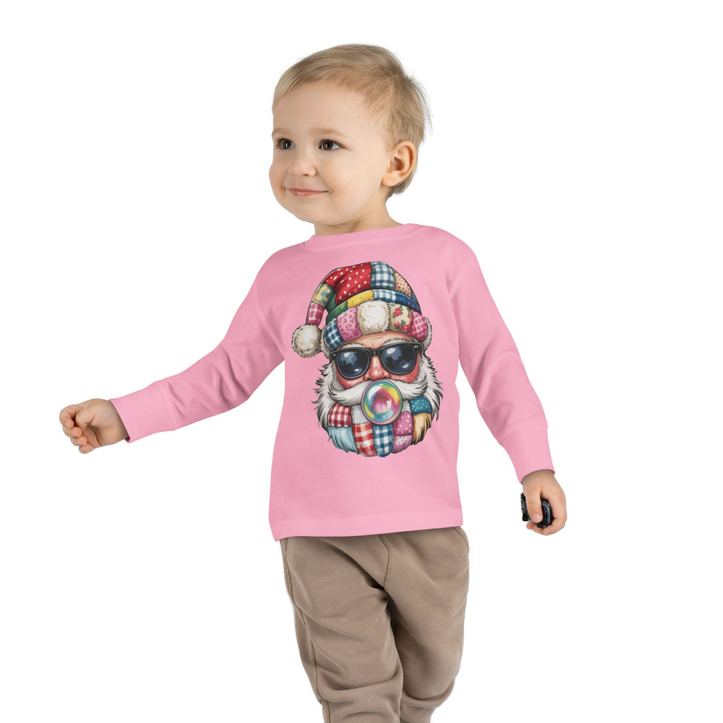 Toddler Long Sleeve Tee  Cool Santa with Patchwork Hat & Bubblegum Graphic