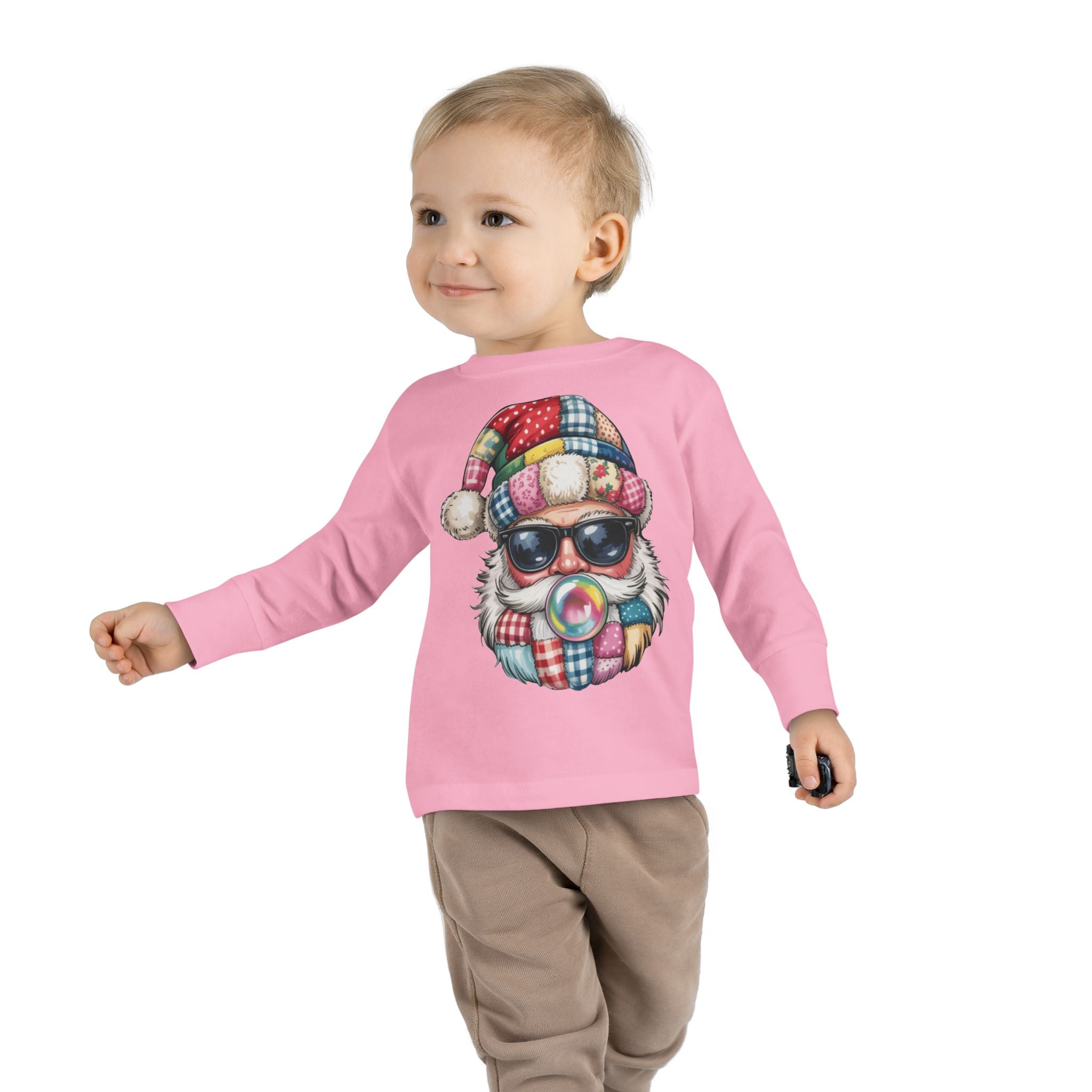 Toddler Long Sleeve Tee  Cool Santa with Patchwork Hat & Bubblegum Graphic