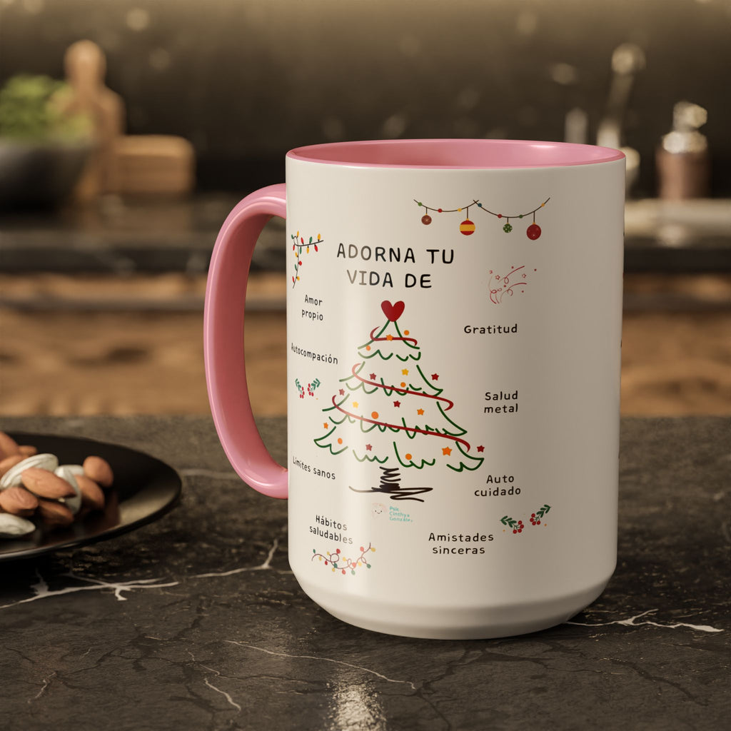 Mug — 'Adorna Tu Vida' Christmas Tree Spanish Holiday Coffee Mug (11oz/15oz)