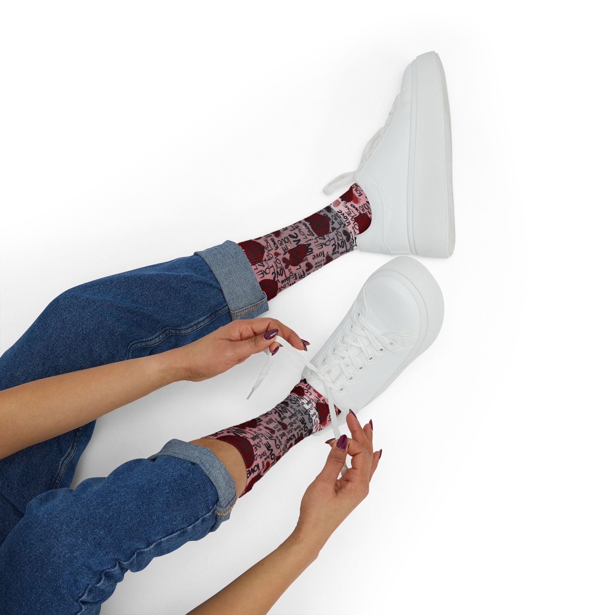 Valentine Heart Sublimation Socks – I Love You Pattern, Red Rose & Script Crew Socks