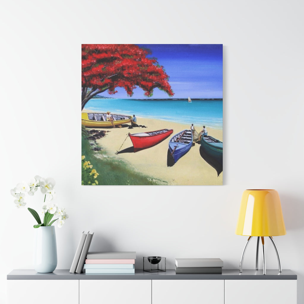 Beach Canoes Canvas Wall Art Tropical Seaside Landscape Matte Stretched Canvas
