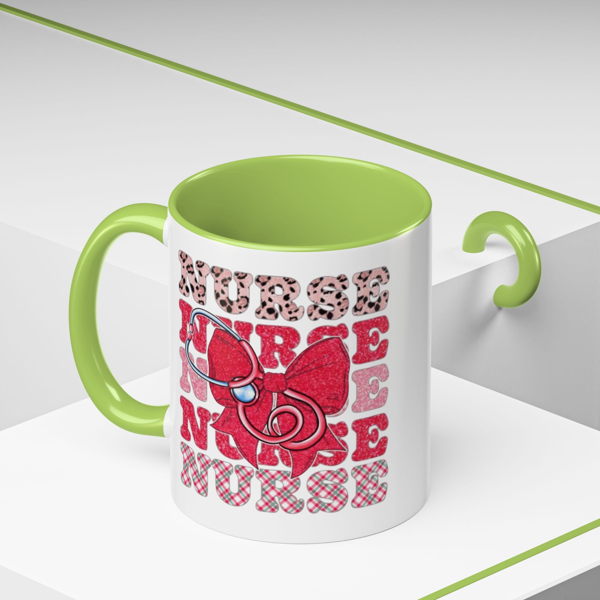 Nurse Stethoscope Bow Accent Coffee Mug — Cute Leopard & Plaid Healthcare Gift (11/15oz) Medical Christmas Mug