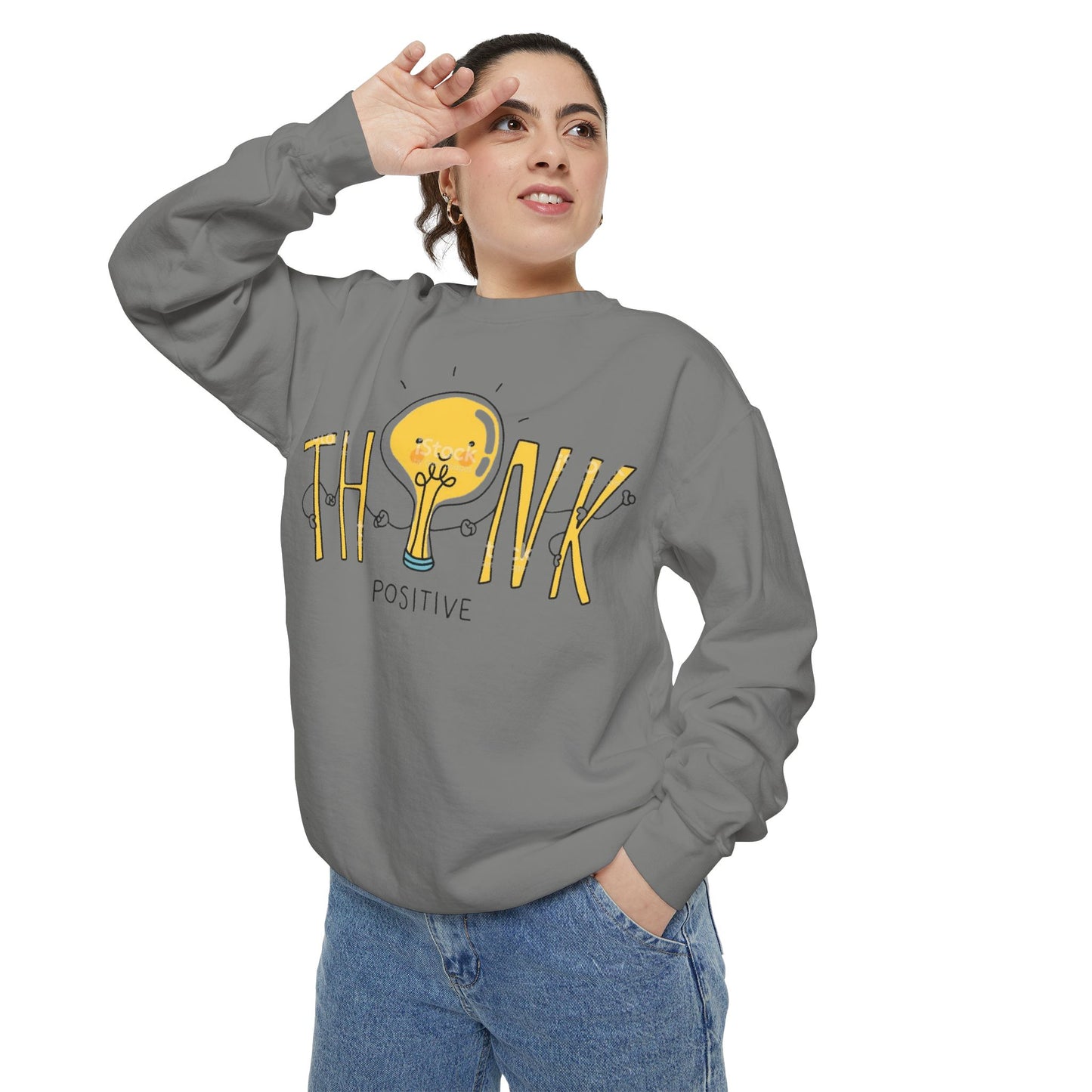 Think Positive Sweatshirt  Cute Lightbulb Graphic Positive Vibes Crewneck