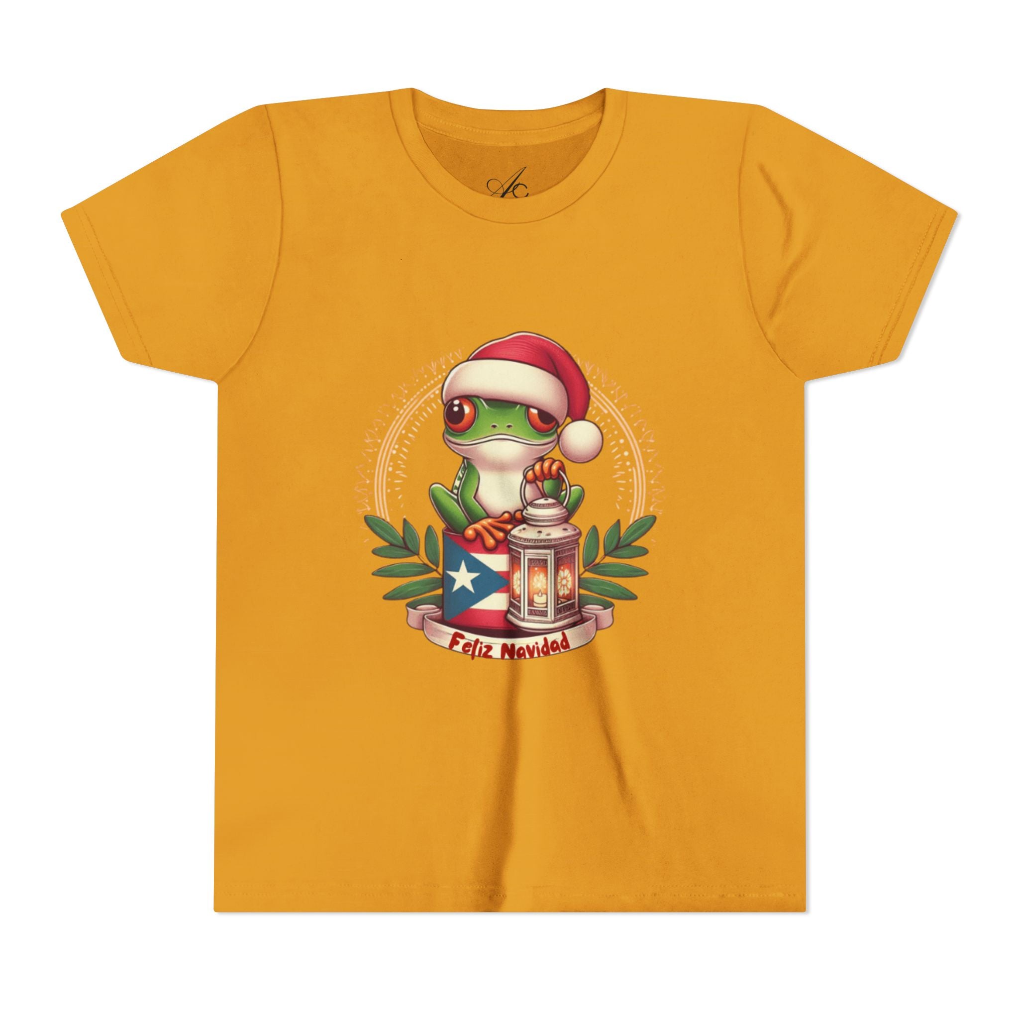 Kids Tee Cute Frog with Puerto Rican Flag & Lantern (Feliz Navidad)