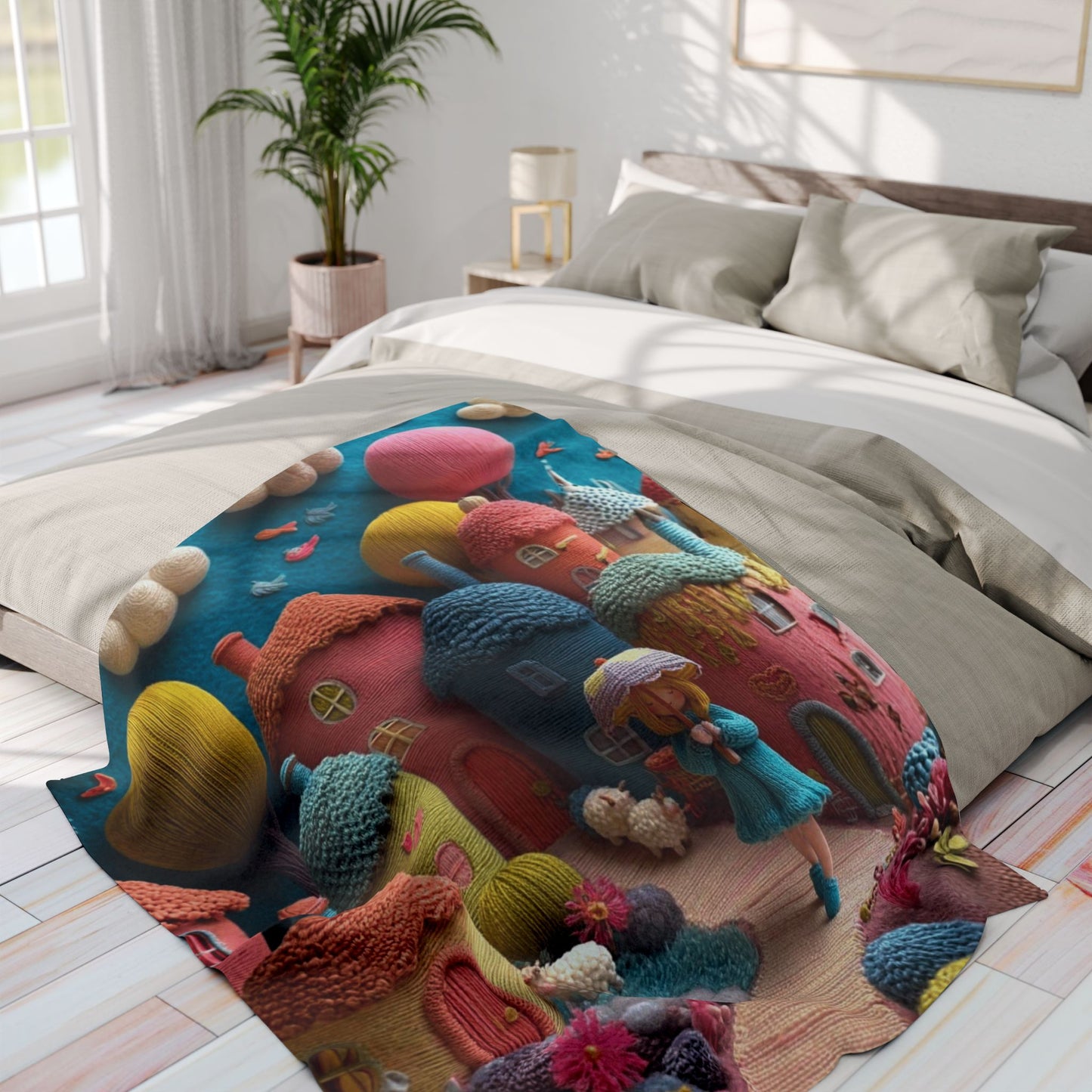 Whimsical Felt Village Fleece Blanket — Cute Cozy Throw for Kids & Nursery