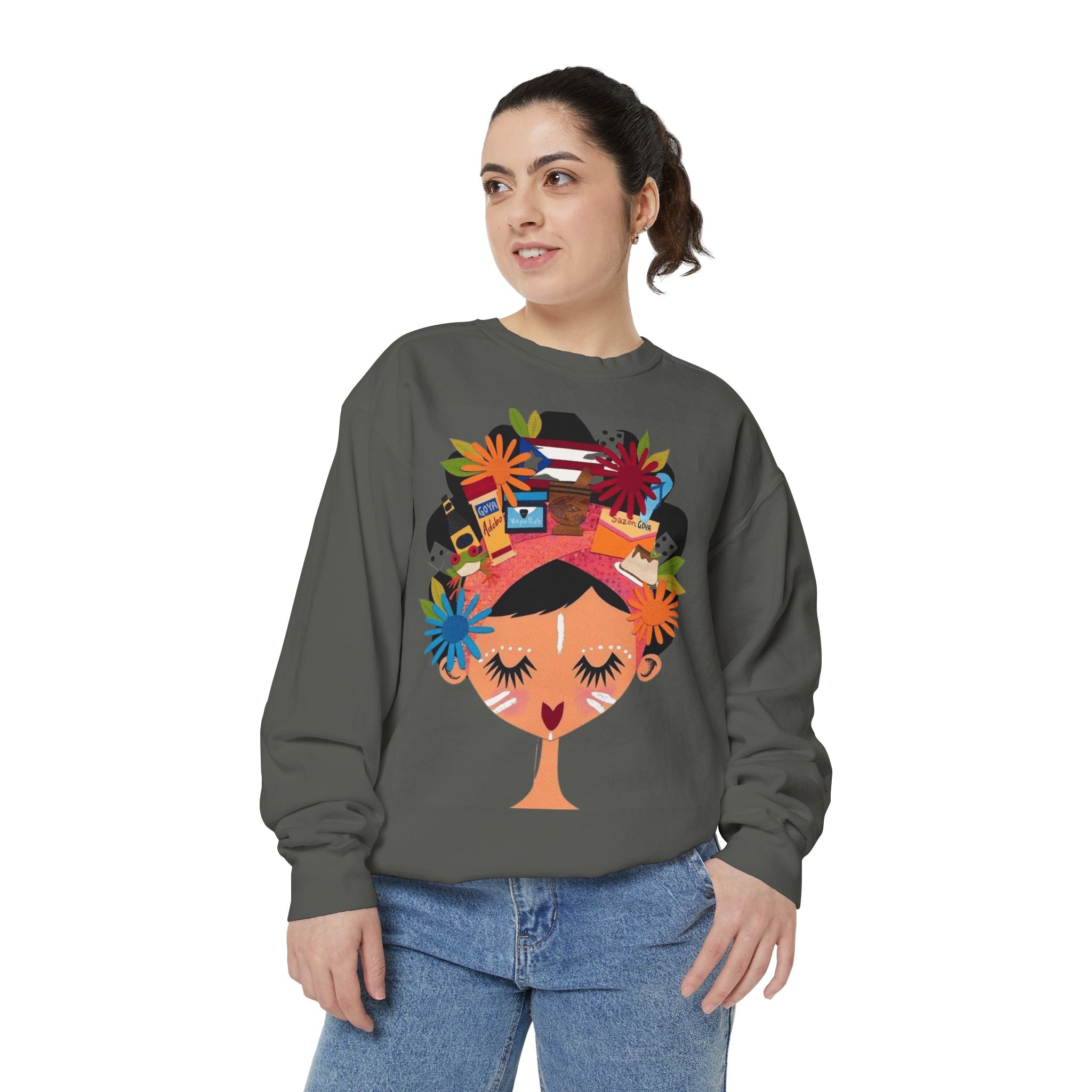 Floral Fiesta Sweatshirt — Colorful Tropical Woman Graphic Puerto Rico Navidades