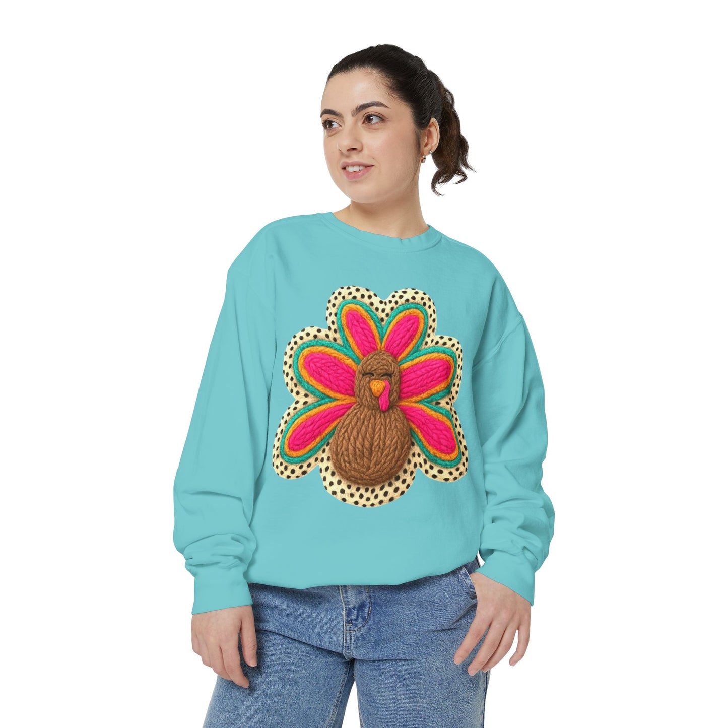 Festive Holiday Designs Turkey Patch Sweatshirt — Colorful Embroidered Thanksgiving Pullover