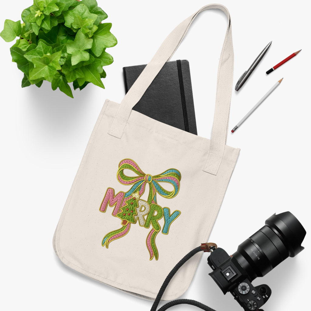 Tote Bag 'Merry' Ribbon Christmas Canvas Tote Organic Holiday Market Bag Christmas gift tote