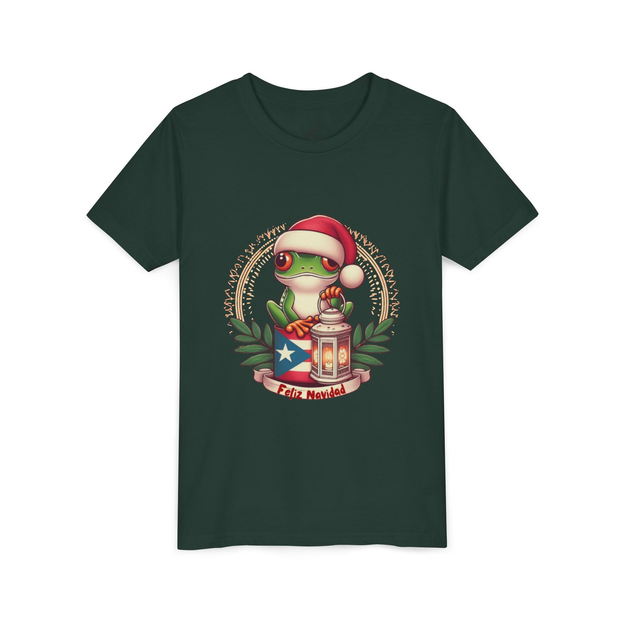 Kids Tee Cute Frog with Puerto Rican Flag & Lantern (Feliz Navidad)